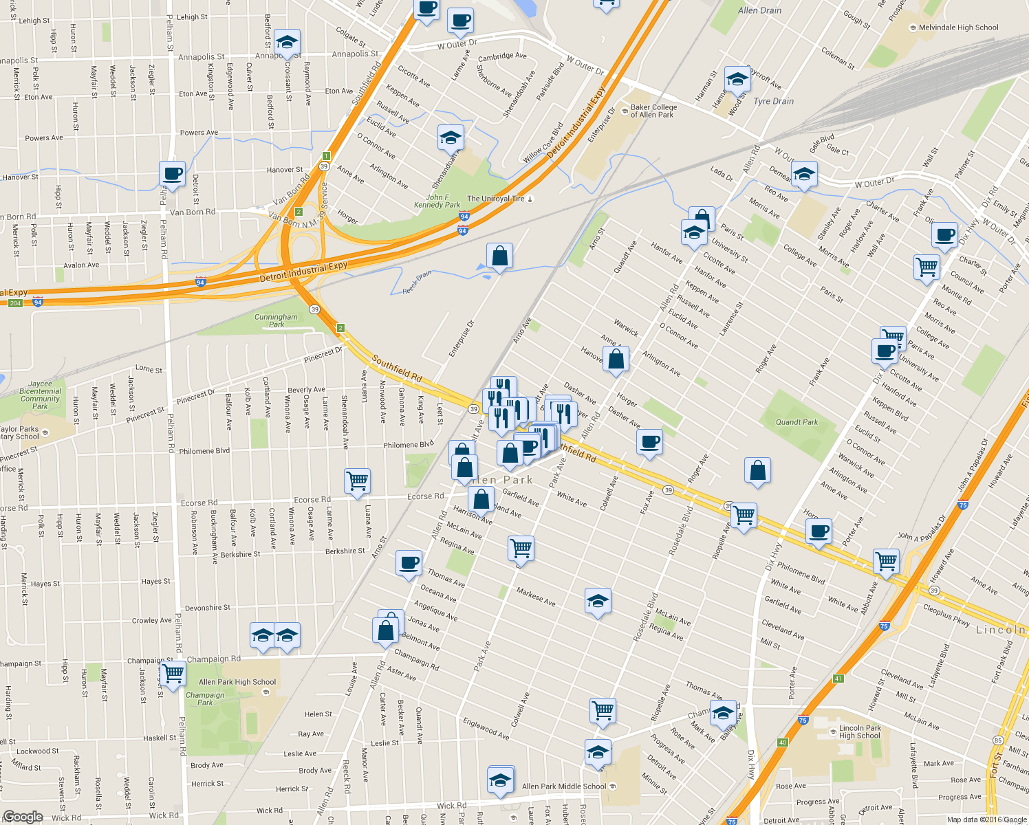 map of restaurants, bars, coffee shops, grocery stores, and more near 16000 Southfield Road in Allen Park