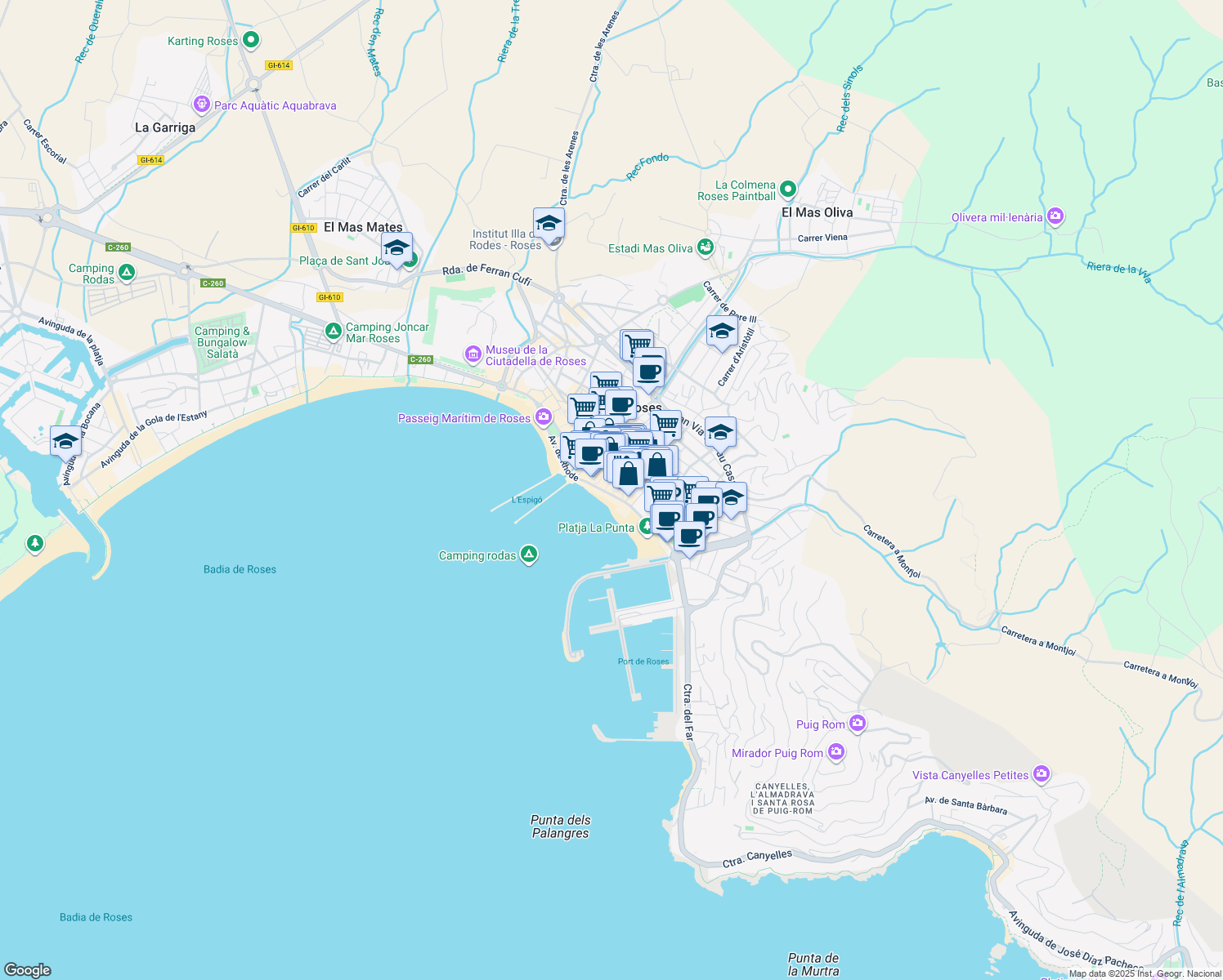 map of restaurants, bars, coffee shops, grocery stores, and more near 1 Carrer Sant Isidre in Roses