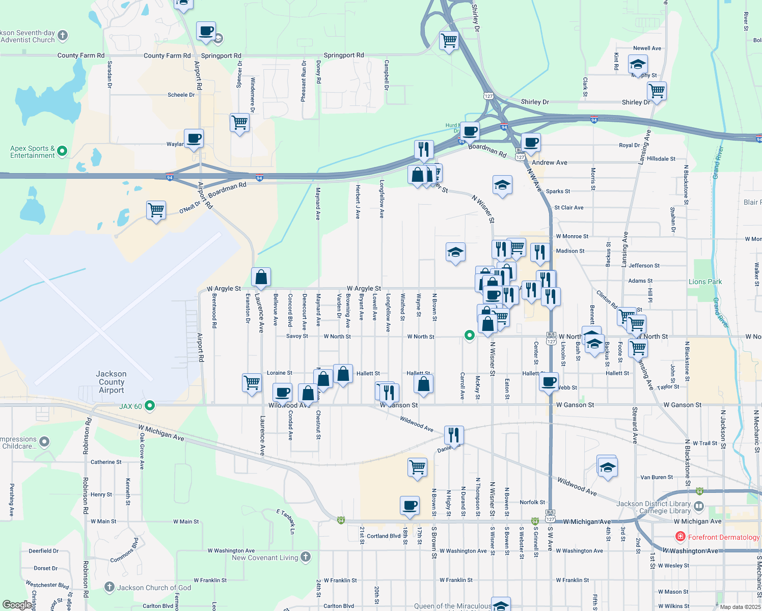 map of restaurants, bars, coffee shops, grocery stores, and more near 1005 Lowell Ave in Jackson