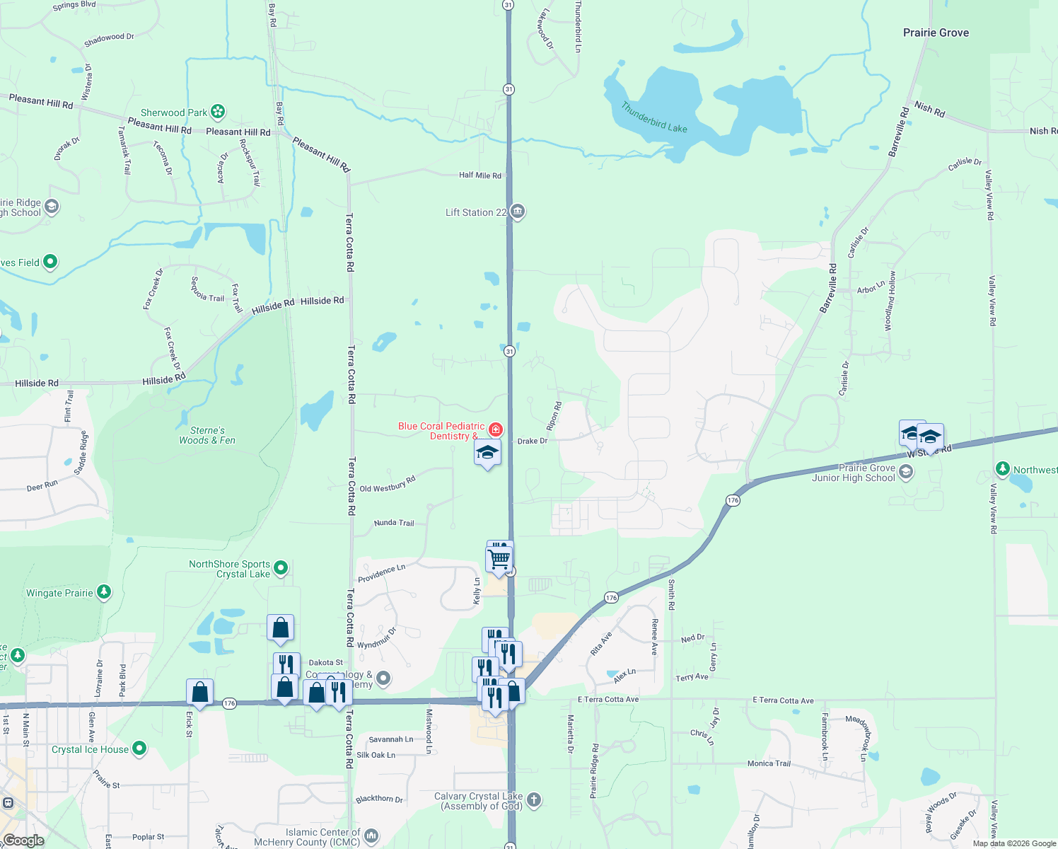 map of restaurants, bars, coffee shops, grocery stores, and more near 4507 Carthage Court in Crystal Lake