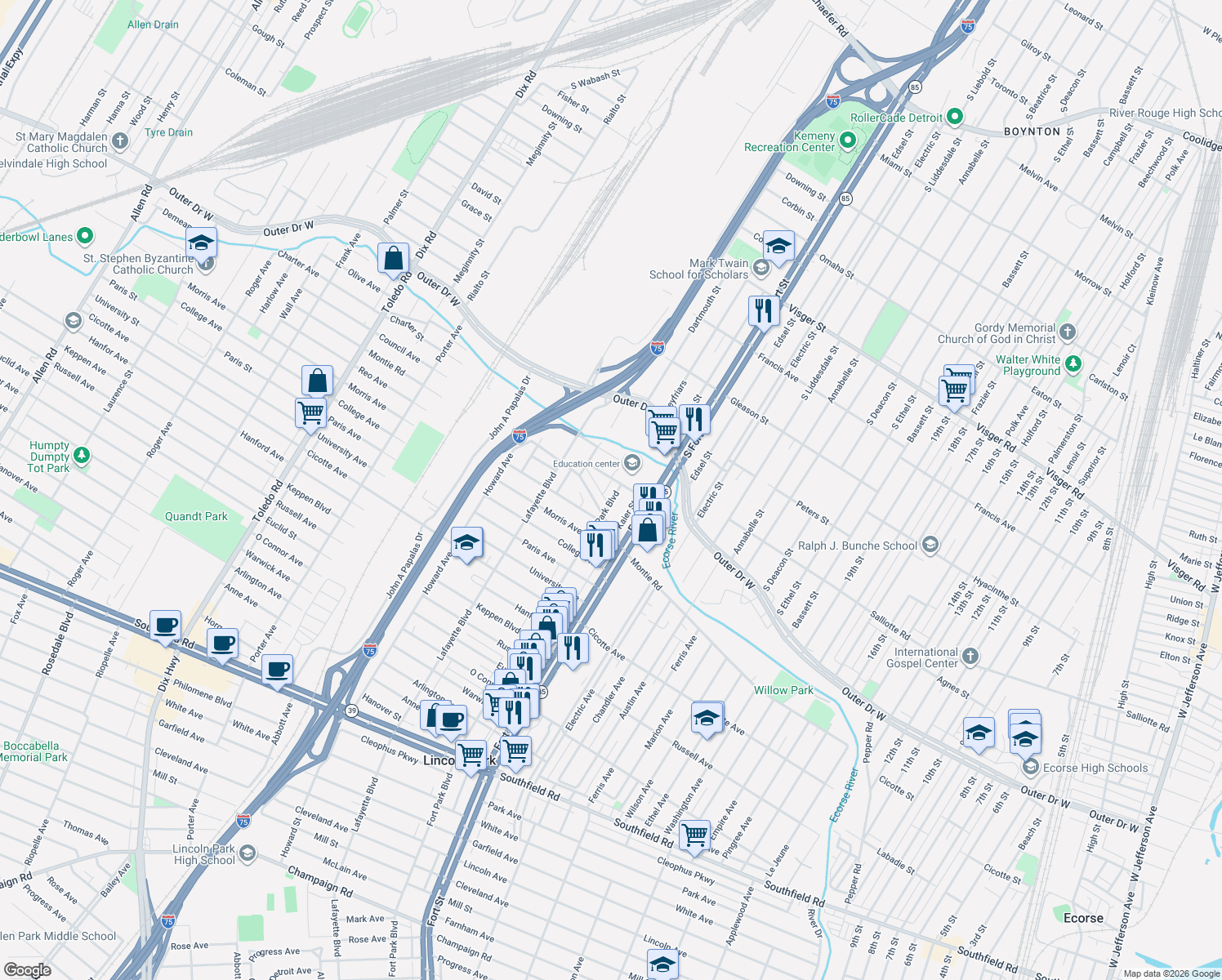 map of restaurants, bars, coffee shops, grocery stores, and more near 1014 Fort Park Boulevard in Lincoln Park