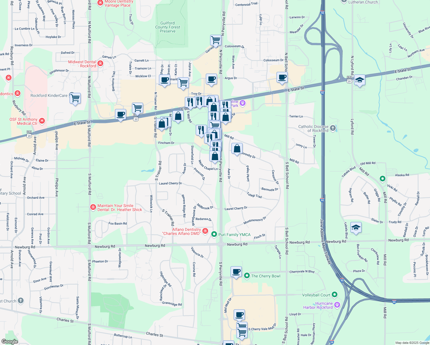 map of restaurants, bars, coffee shops, grocery stores, and more near 995 South Perryville Road in Rockford