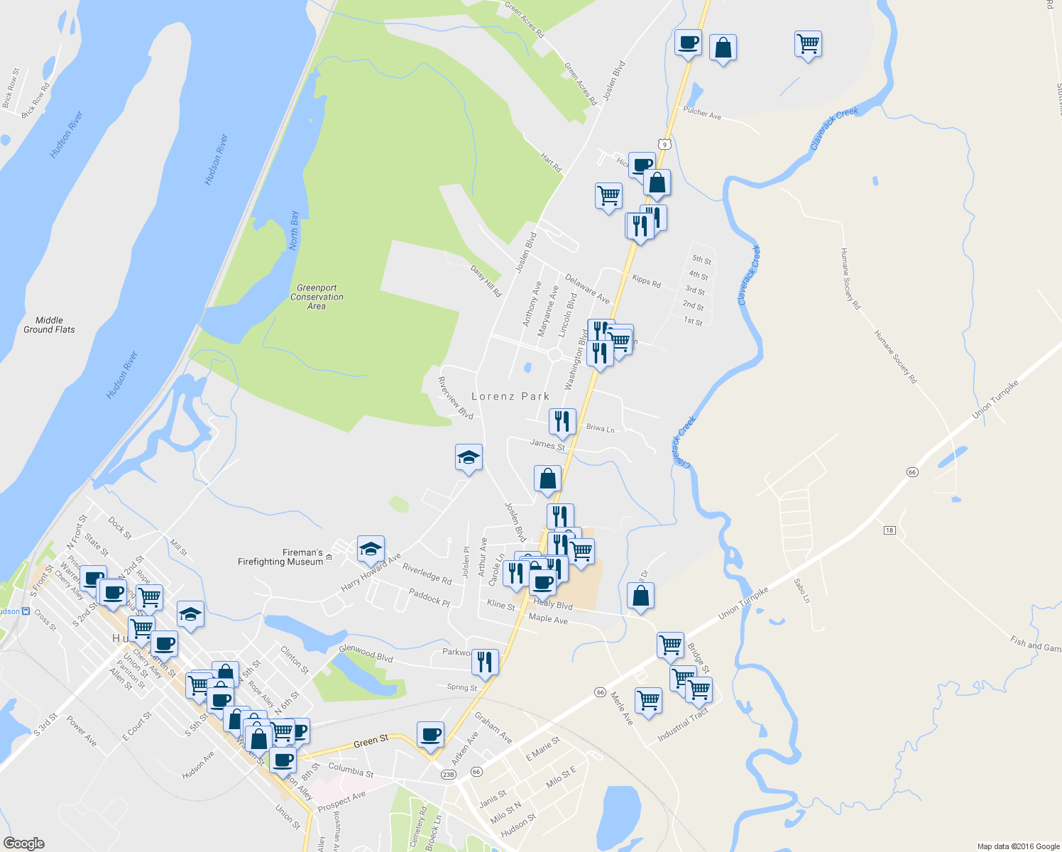 map of restaurants, bars, coffee shops, grocery stores, and more near 31 Virginia Ave in Hudson