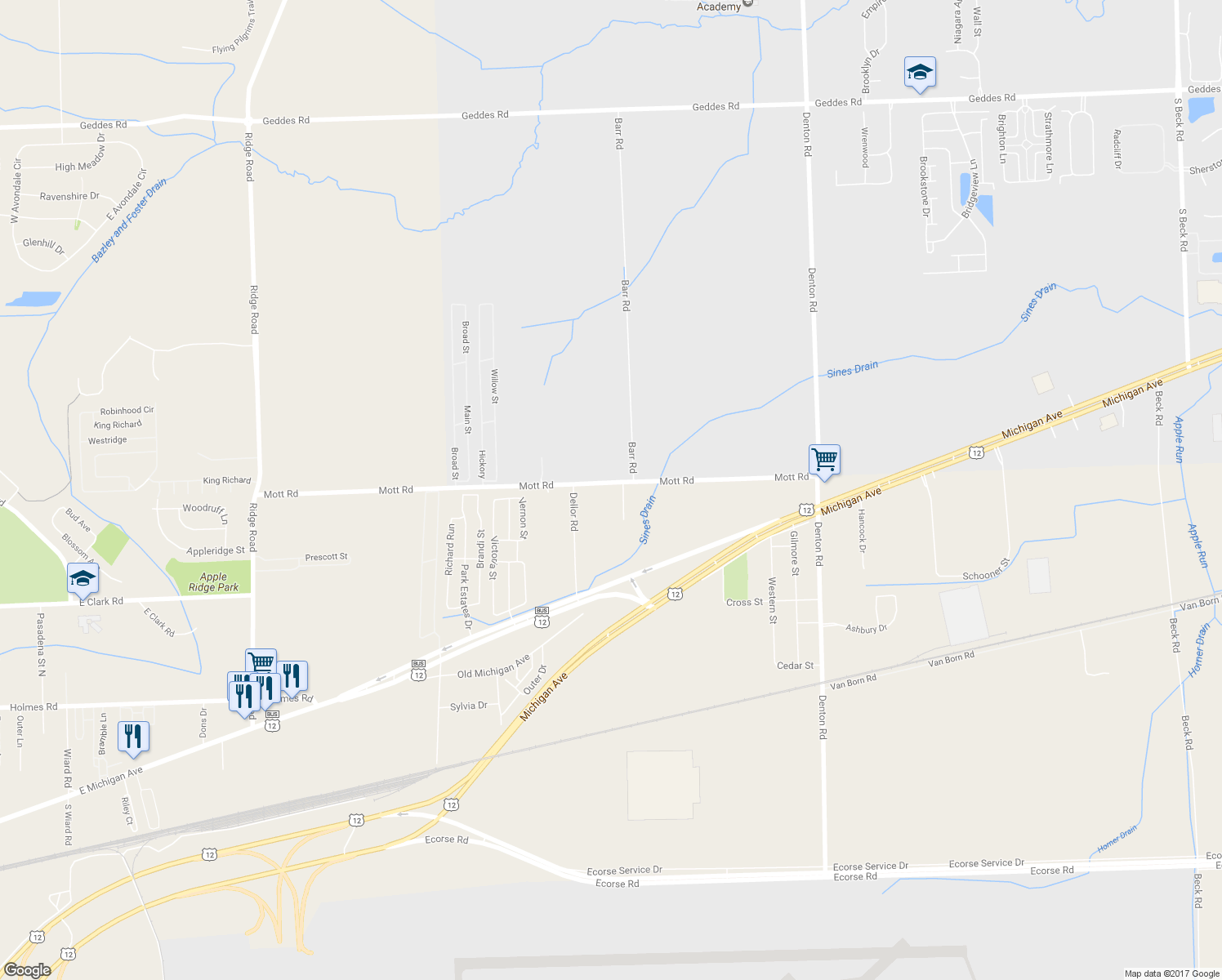 map of restaurants, bars, coffee shops, grocery stores, and more near 50531 Mott Road in Belleville
