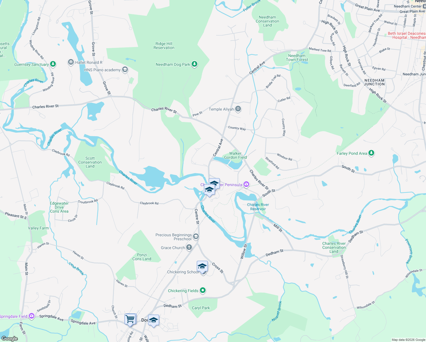 map of restaurants, bars, coffee shops, grocery stores, and more near 1886 Central Ave in Needham