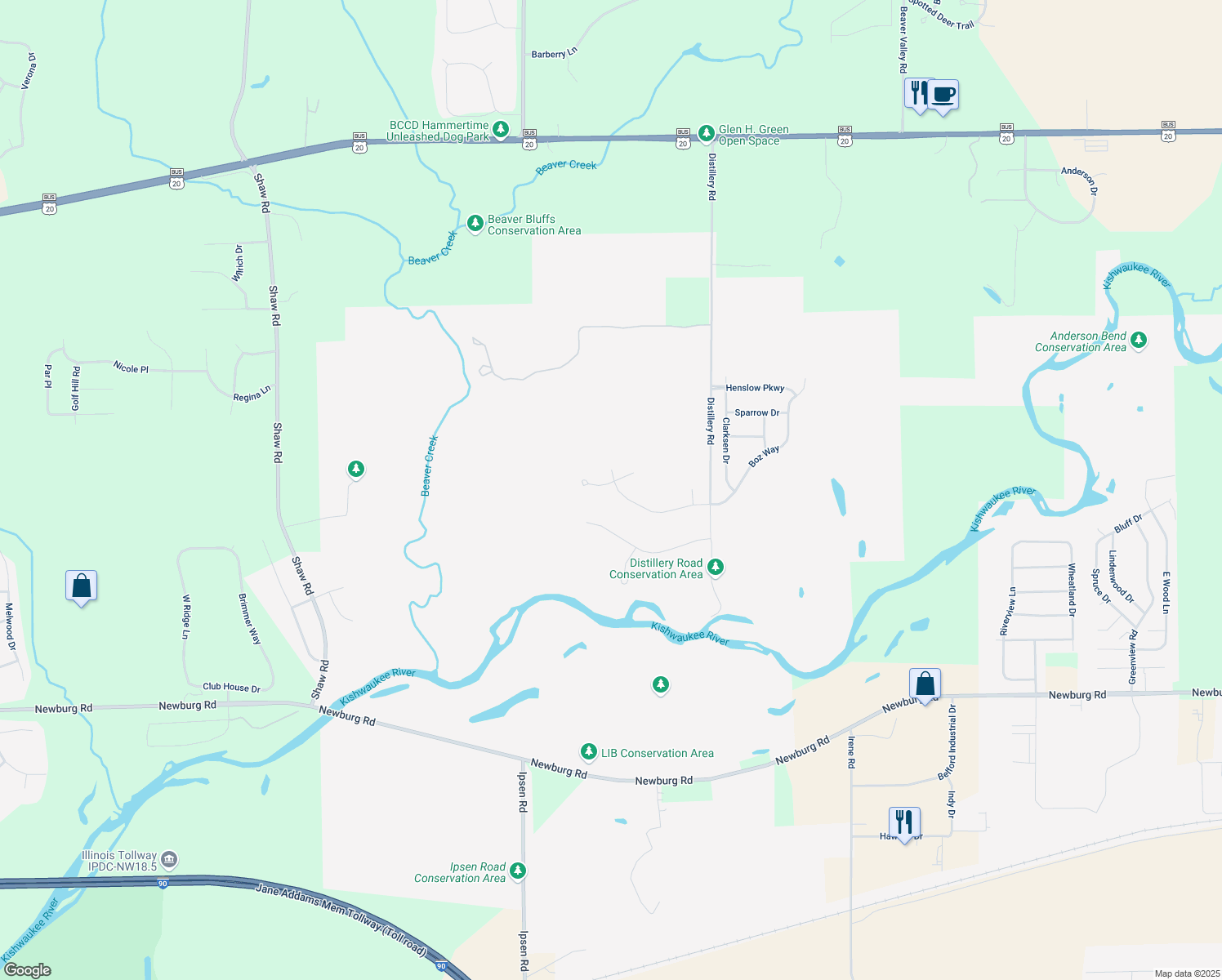 map of restaurants, bars, coffee shops, grocery stores, and more near 5684 Rustic Waters Court in Belvidere