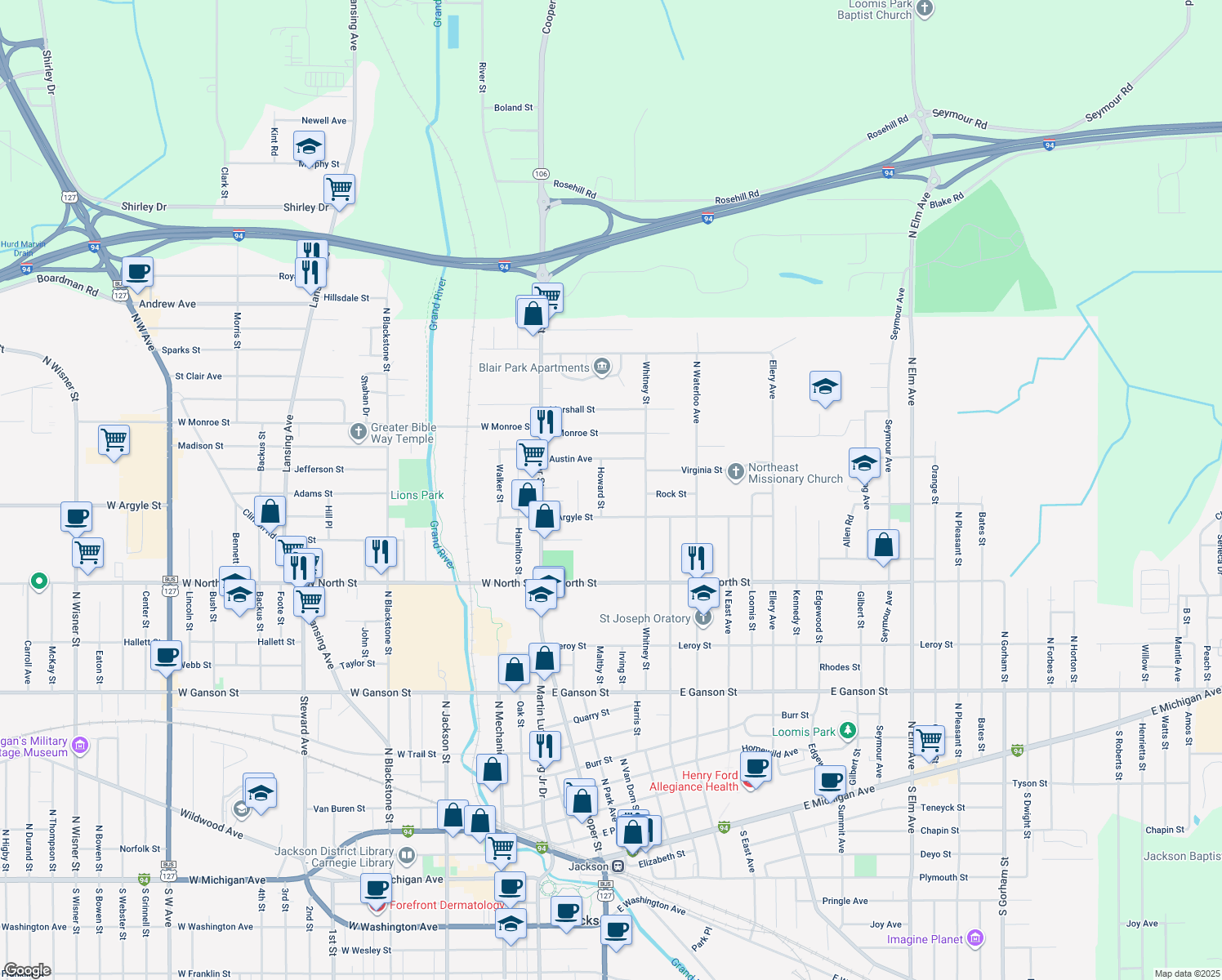 map of restaurants, bars, coffee shops, grocery stores, and more near 1117 Howard Street in Jackson