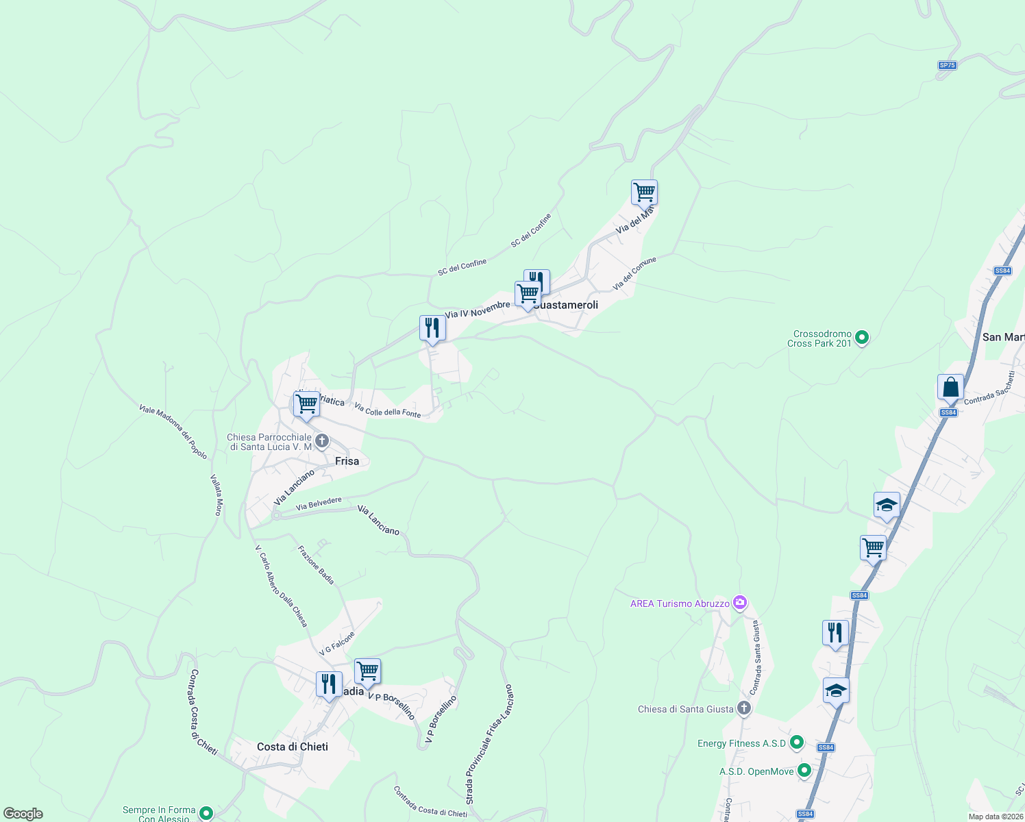 map of restaurants, bars, coffee shops, grocery stores, and more near 87 Via Colle della Fonte in Provincia di Chieti