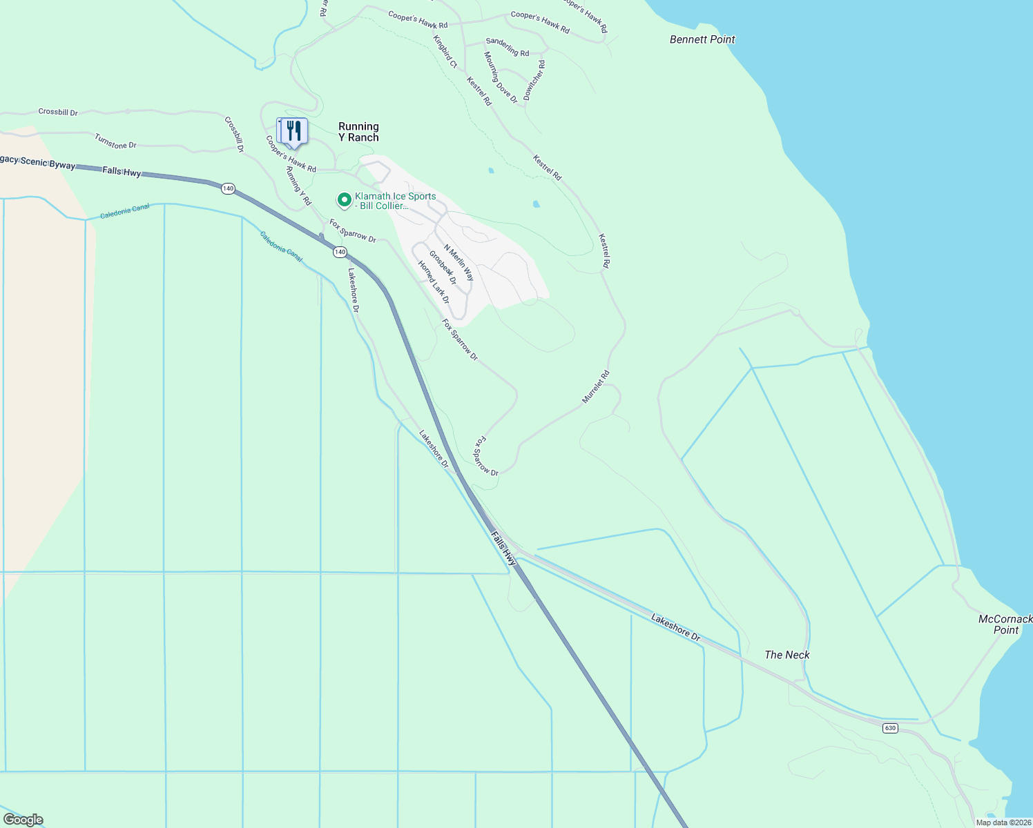 map of restaurants, bars, coffee shops, grocery stores, and more near 4045 Fox Sparrow Drive in Klamath Falls