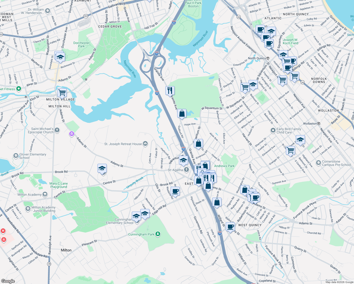 map of restaurants, bars, coffee shops, grocery stores, and more near 28 Lochland Street in Milton