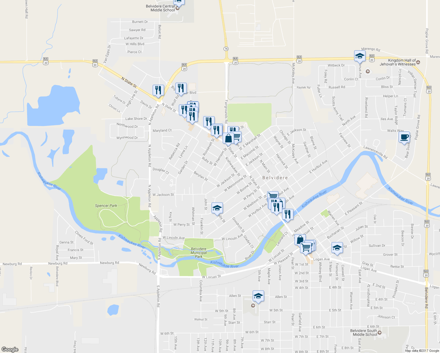 map of restaurants, bars, coffee shops, grocery stores, and more near 324 West Marshall Street in Belvidere