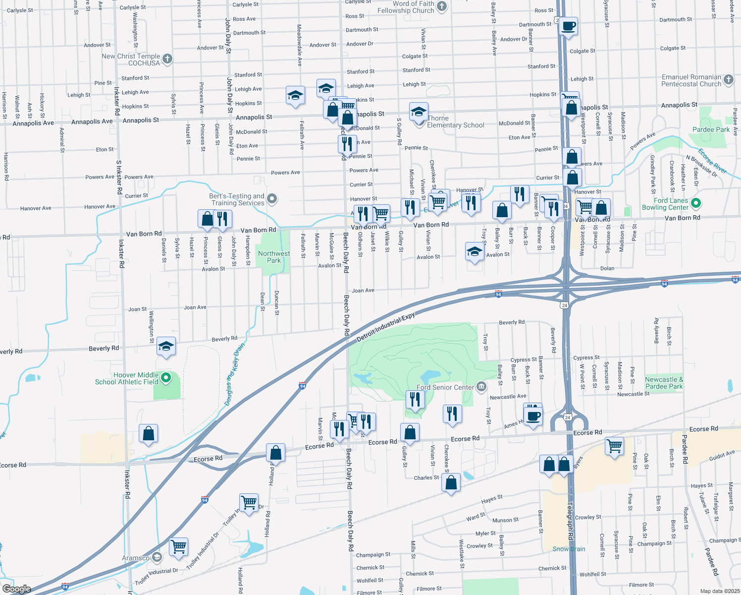 map of restaurants, bars, coffee shops, grocery stores, and more near 6260 Janet St in Taylor