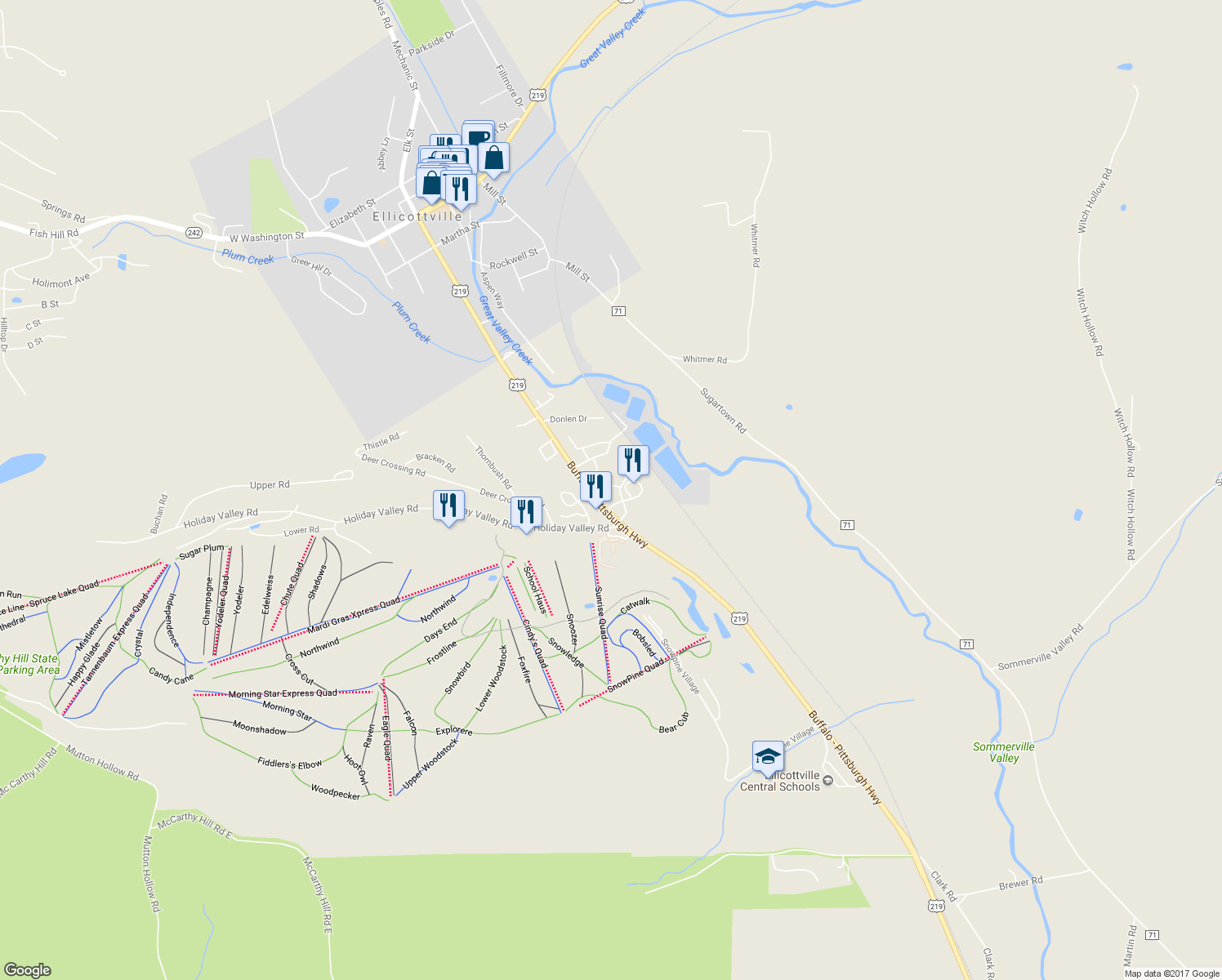 map of restaurants, bars, coffee shops, grocery stores, and more near 204 Wildflower in Ellicottville