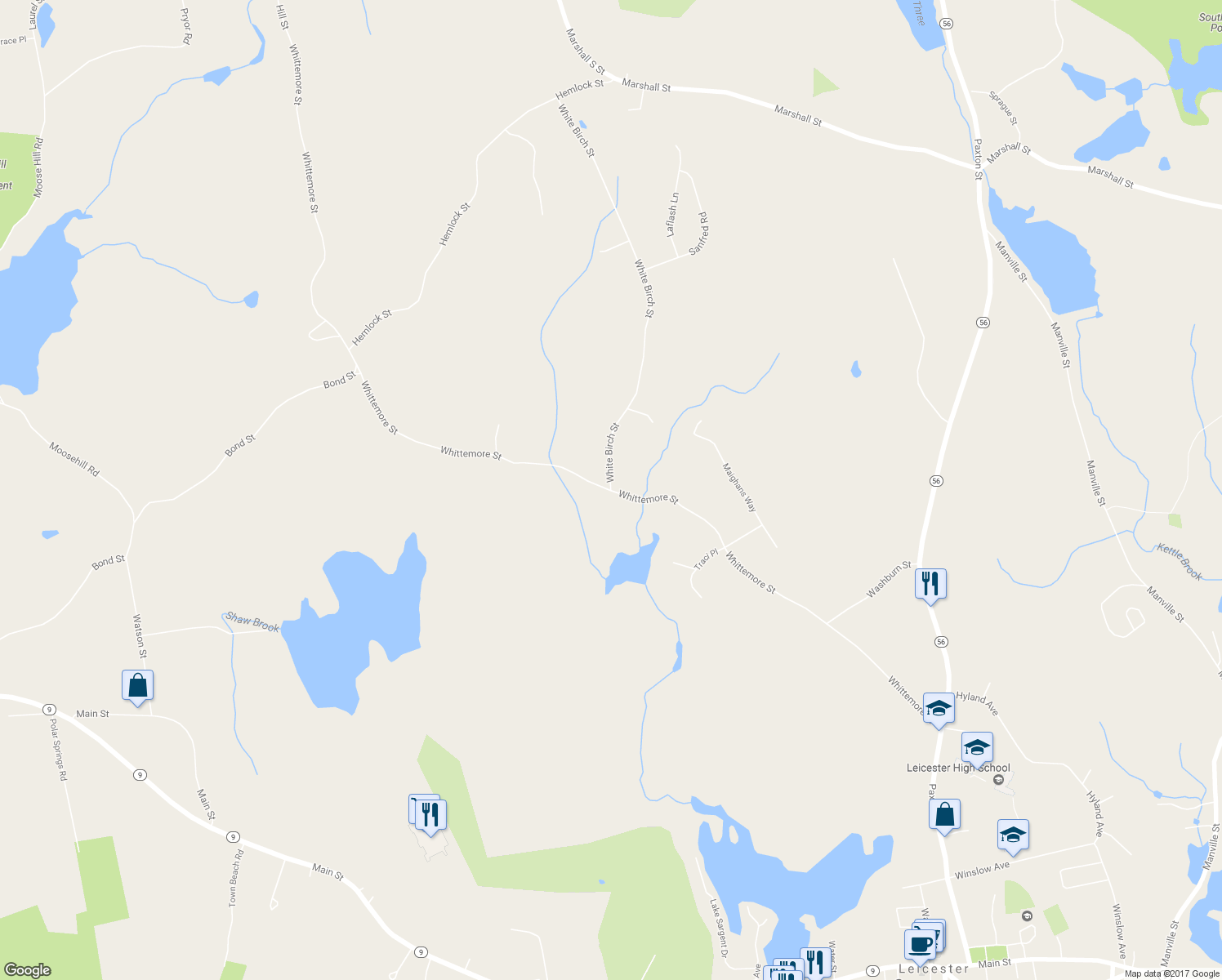 map of restaurants, bars, coffee shops, grocery stores, and more near 164 White Birch Street in Leicester