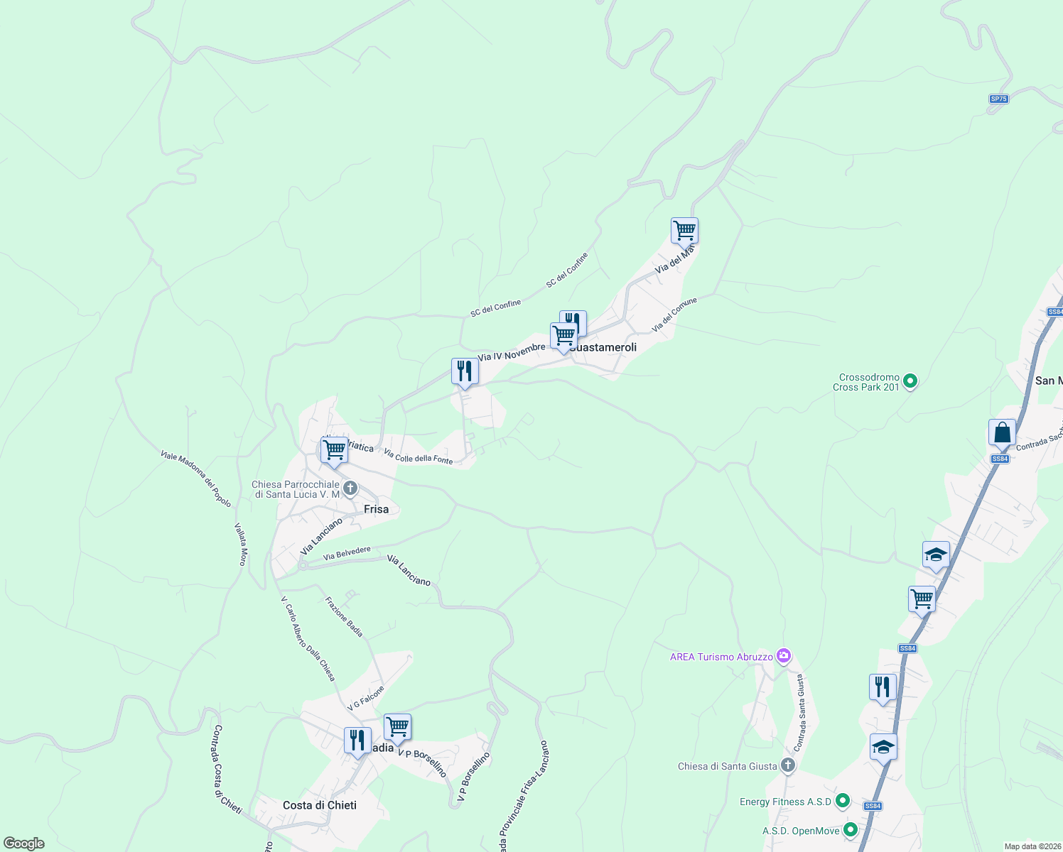 map of restaurants, bars, coffee shops, grocery stores, and more near 87 Via Colle della Fonte in Provincia di Chieti