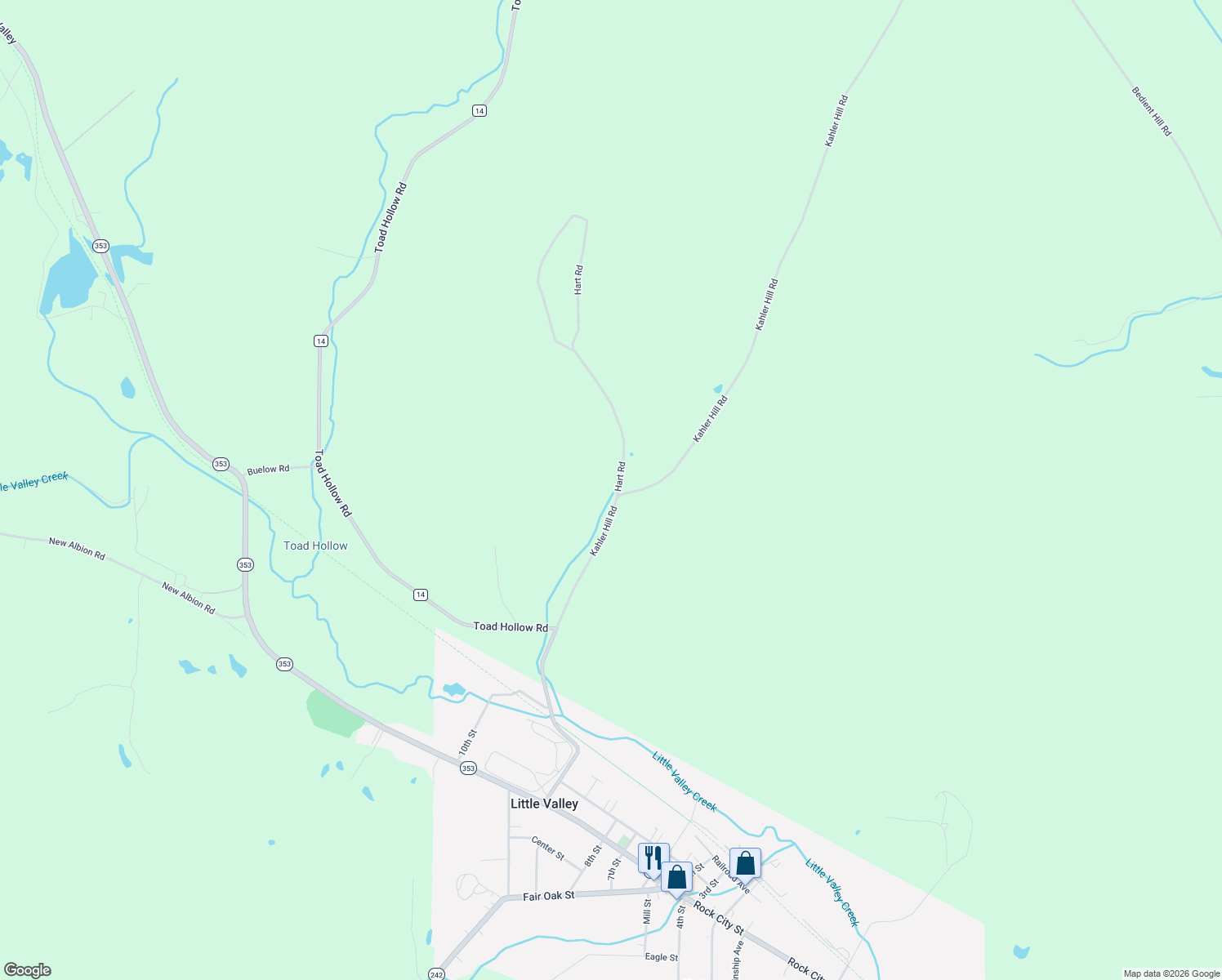 map of restaurants, bars, coffee shops, grocery stores, and more near 6179 Hart Road in Little Valley