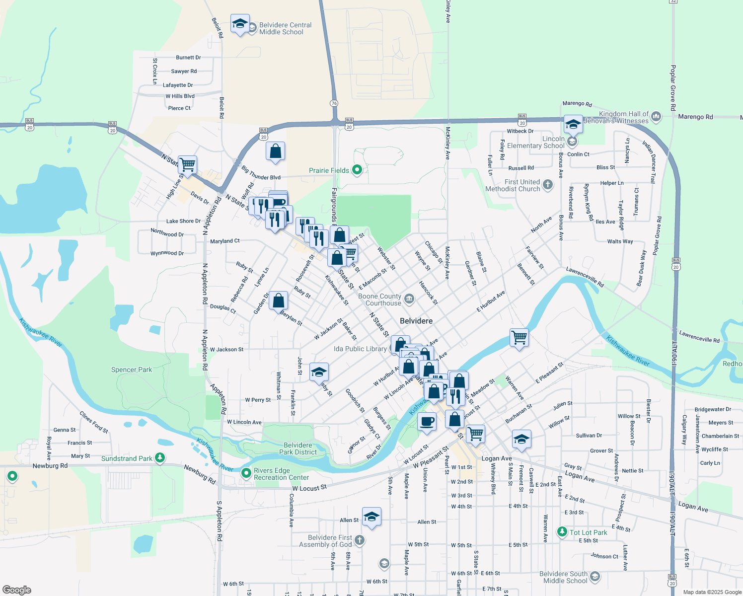 map of restaurants, bars, coffee shops, grocery stores, and more near 115 East Jackson Street in Belvidere