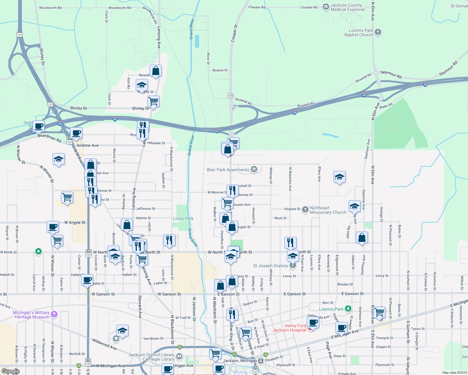 map of restaurants, bars, coffee shops, grocery stores, and more near 1309 Cooper Street in Jackson