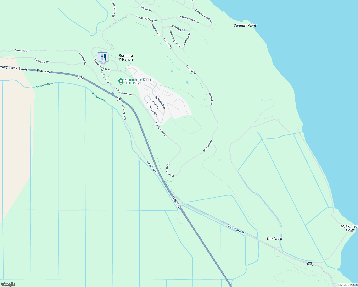 map of restaurants, bars, coffee shops, grocery stores, and more near 4634 Cooper's Hawk Road in Klamath Falls