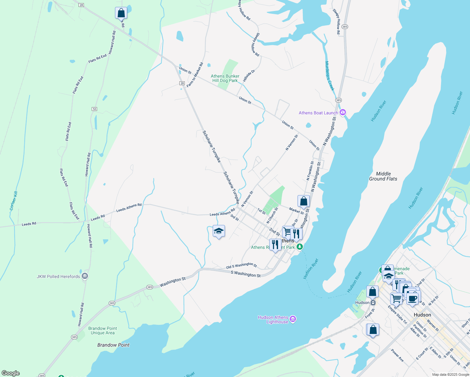 map of restaurants, bars, coffee shops, grocery stores, and more near 52 Schoharie Turnpike in Athens
