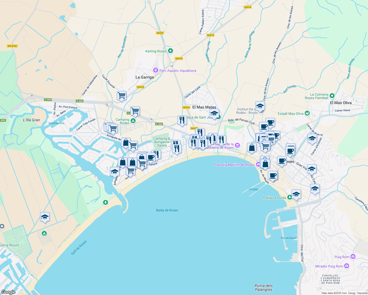map of restaurants, bars, coffee shops, grocery stores, and more near 16 Carrer de Jacinto Benavente in Roses