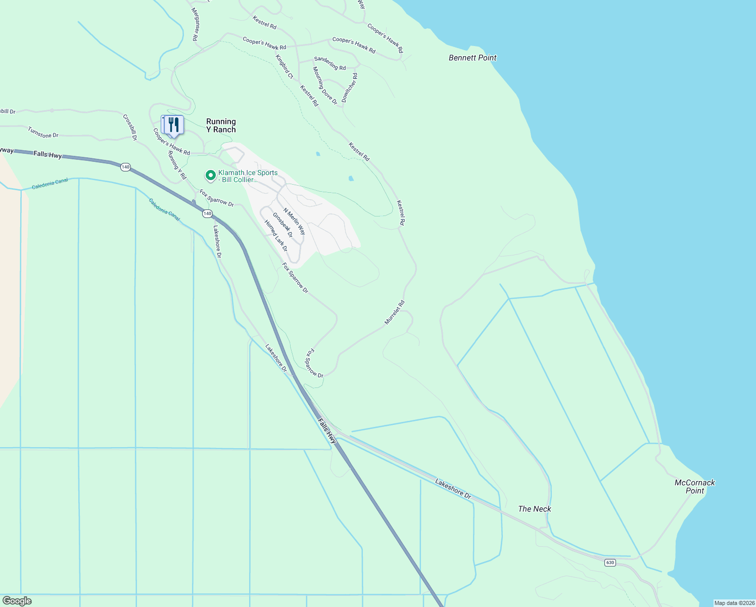map of restaurants, bars, coffee shops, grocery stores, and more near 4626 Cooper's Hawk Road in Klamath Falls