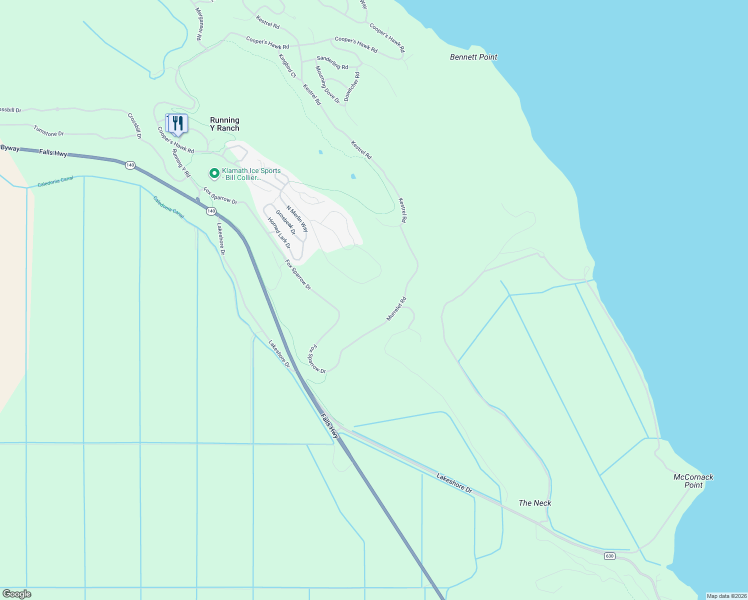 map of restaurants, bars, coffee shops, grocery stores, and more near 4626 Cooper's Hawk Road in Klamath Falls