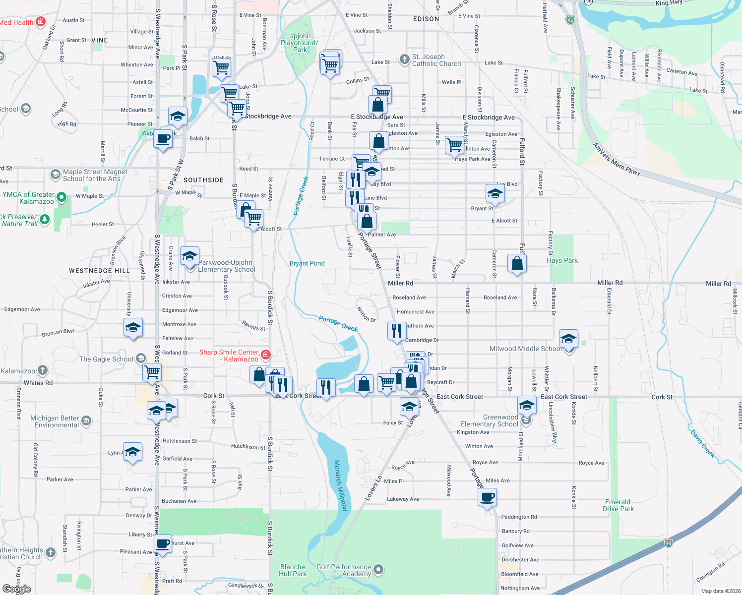map of restaurants, bars, coffee shops, grocery stores, and more near 731 Homecrest Avenue in Kalamazoo