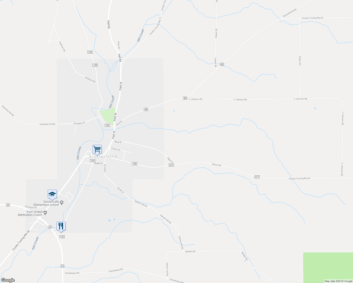 map of restaurants, bars, coffee shops, grocery stores, and more near 2762 Edson Road in Sinclairville