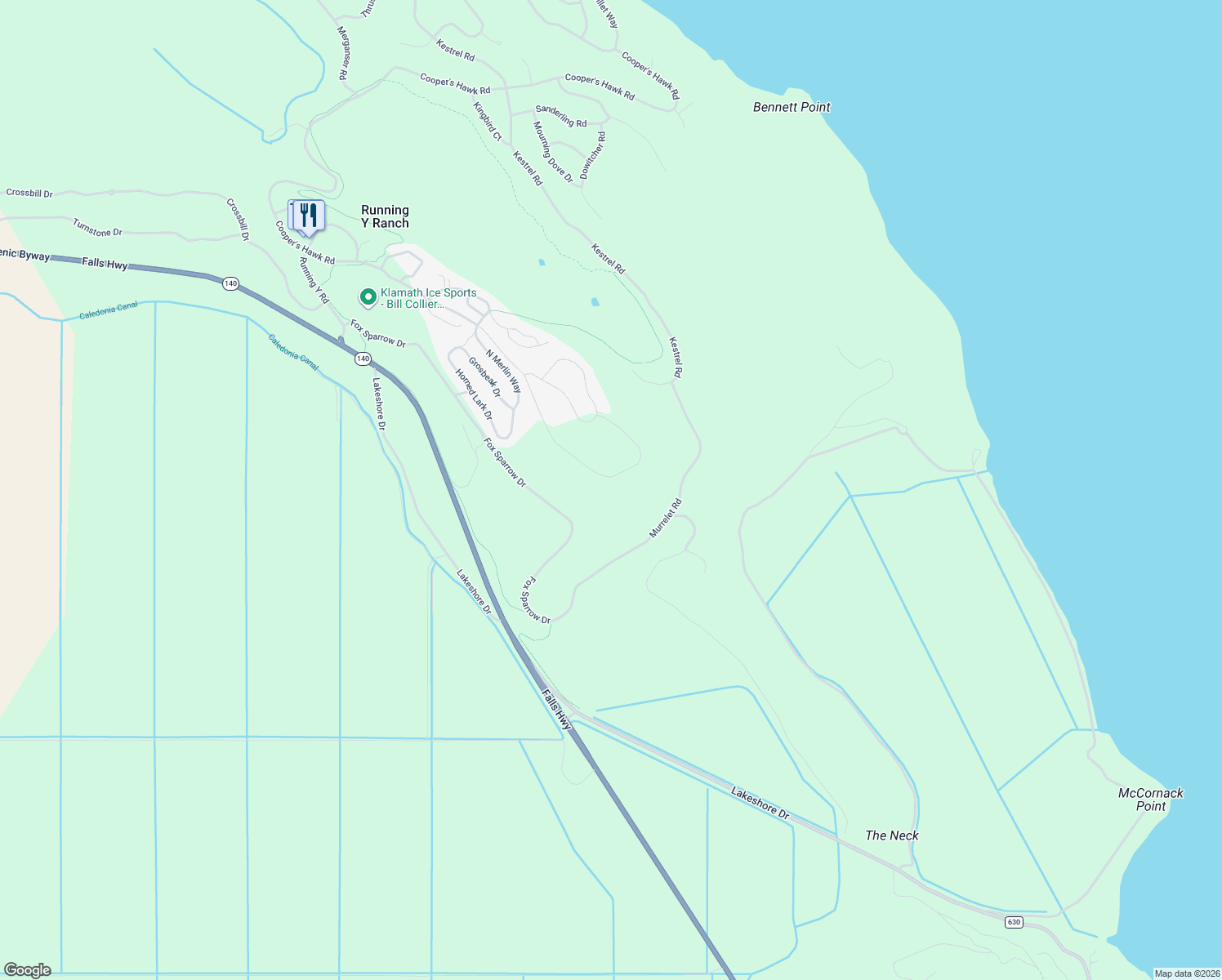 map of restaurants, bars, coffee shops, grocery stores, and more near 4626 Cooper's Hawk Road in Klamath Falls