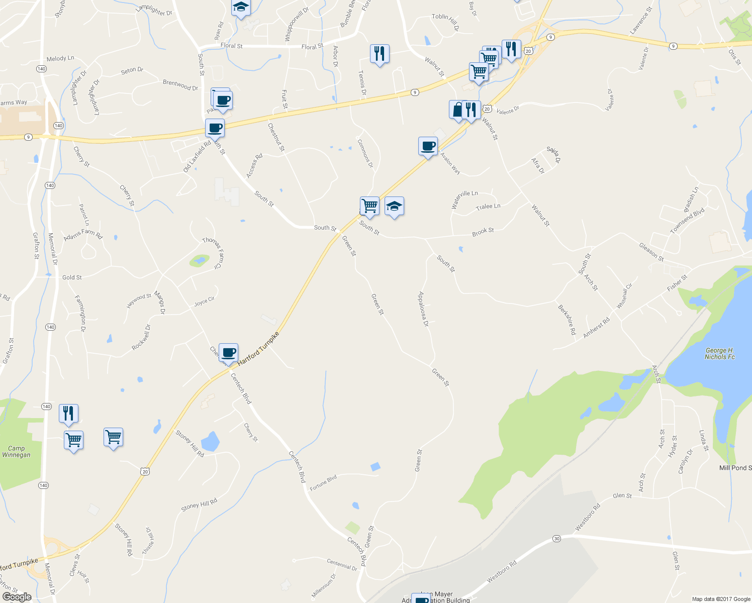 map of restaurants, bars, coffee shops, grocery stores, and more near 70 Green Street in Shrewsbury