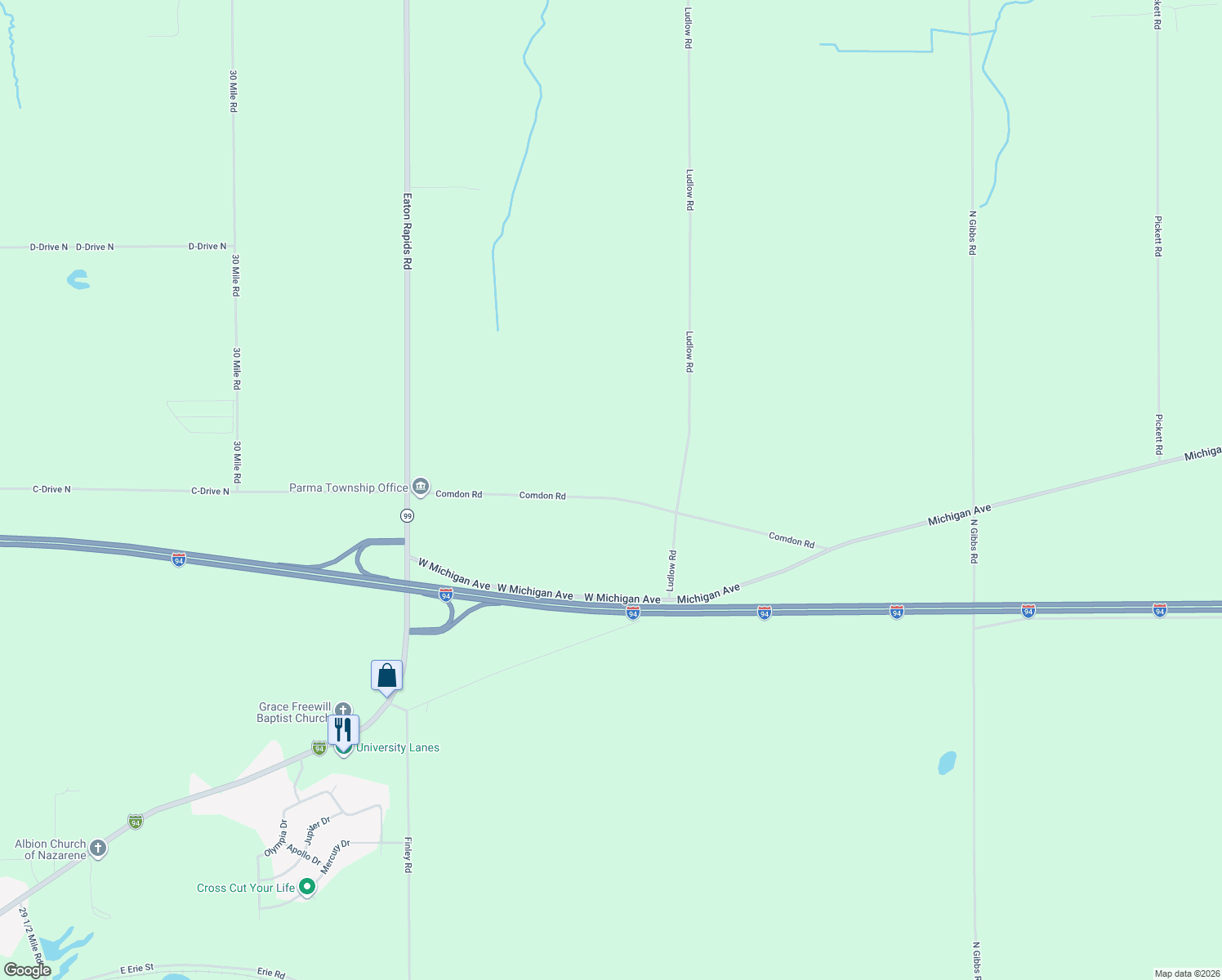 map of restaurants, bars, coffee shops, grocery stores, and more near 15988 Comdon Road in Albion