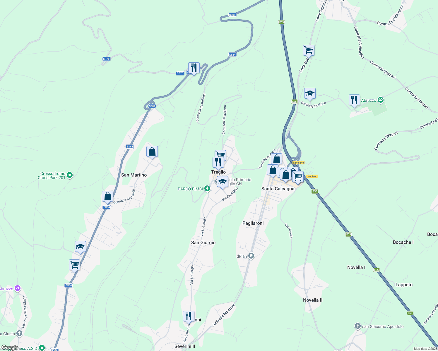map of restaurants, bars, coffee shops, grocery stores, and more near 2 Piazza S. Giorgio in Treglio
