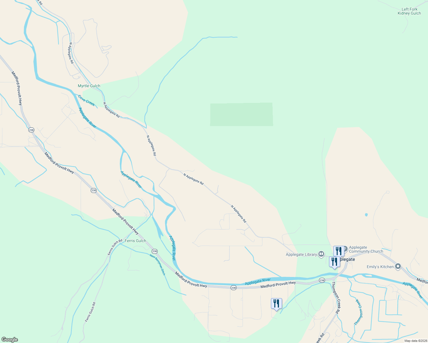 map of restaurants, bars, coffee shops, grocery stores, and more near 17252 North Applegate Road in Grants Pass