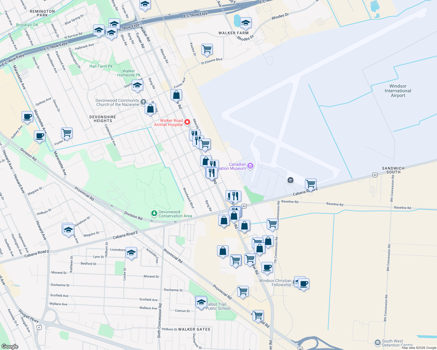 map of restaurants, bars, coffee shops, grocery stores, and more near 3861 Riberdy Road in Windsor