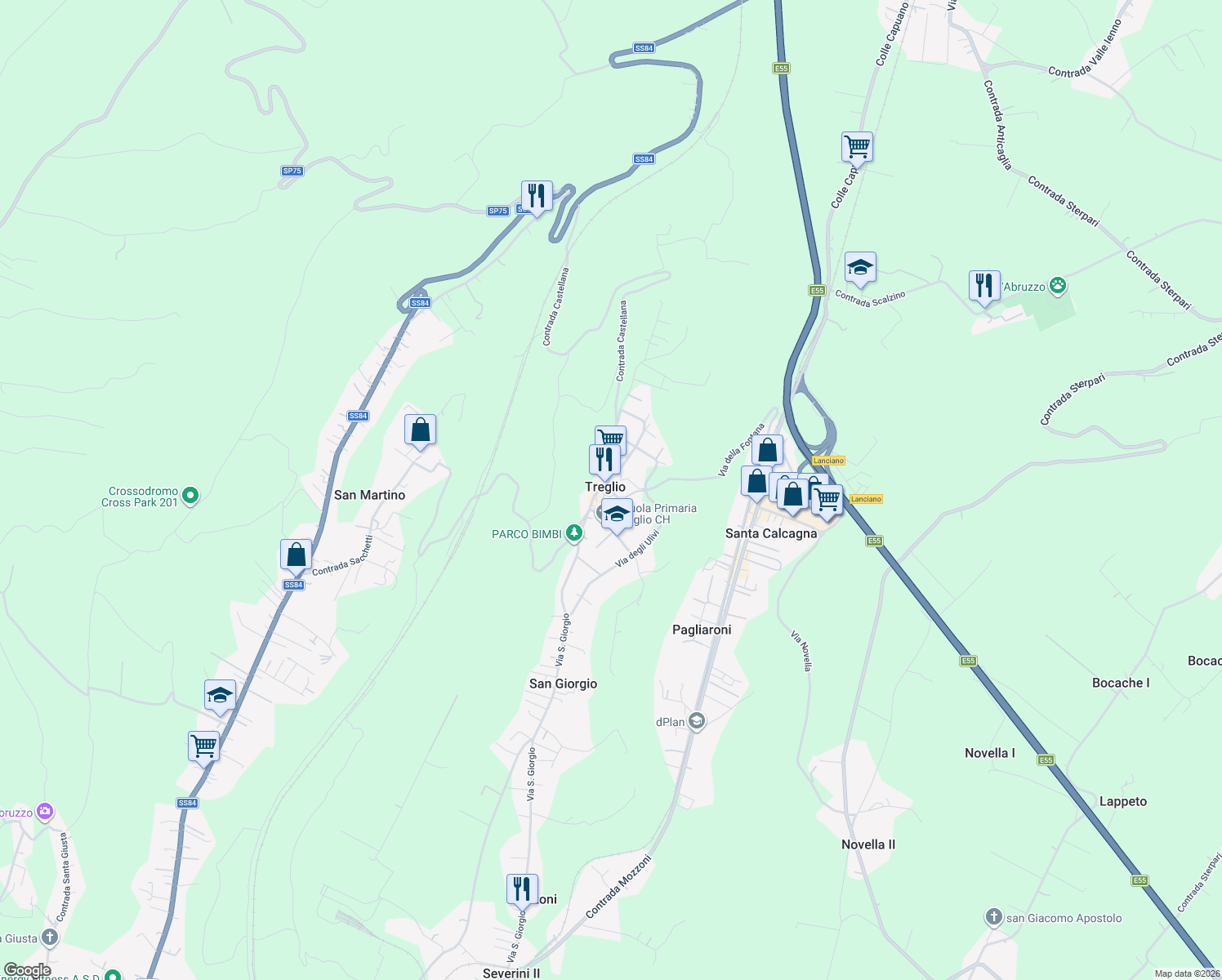 map of restaurants, bars, coffee shops, grocery stores, and more near in Treglio