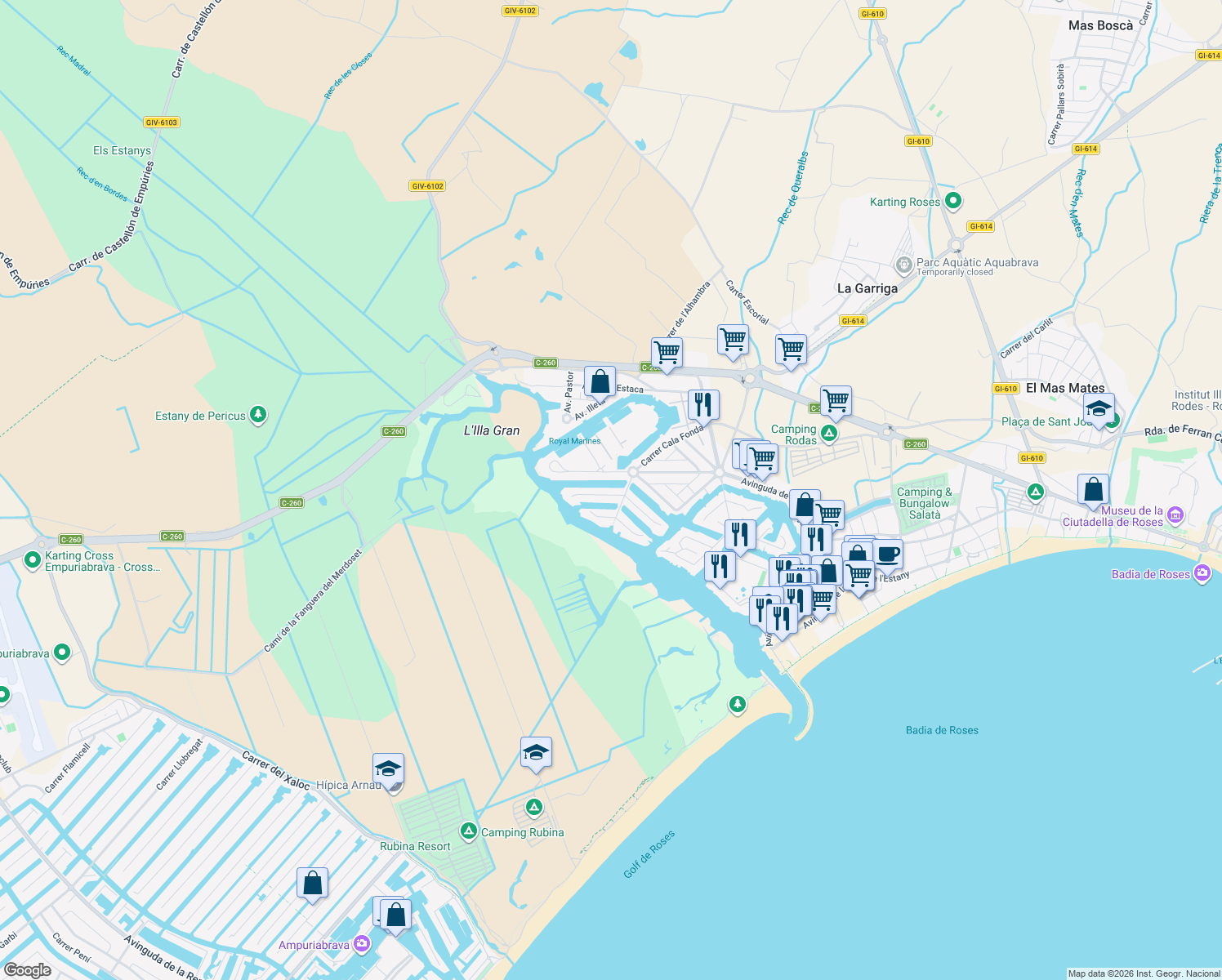 map of restaurants, bars, coffee shops, grocery stores, and more near 6 Carrer Fluvià in Roses