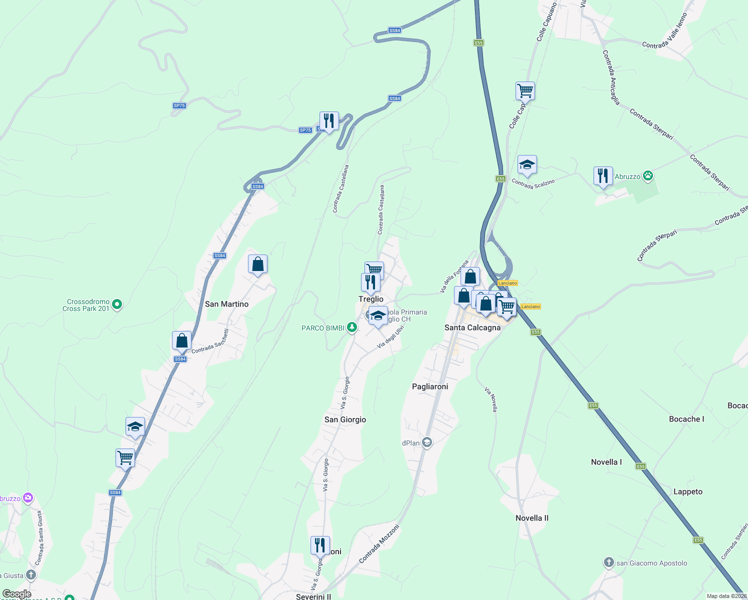 map of restaurants, bars, coffee shops, grocery stores, and more near in Treglio