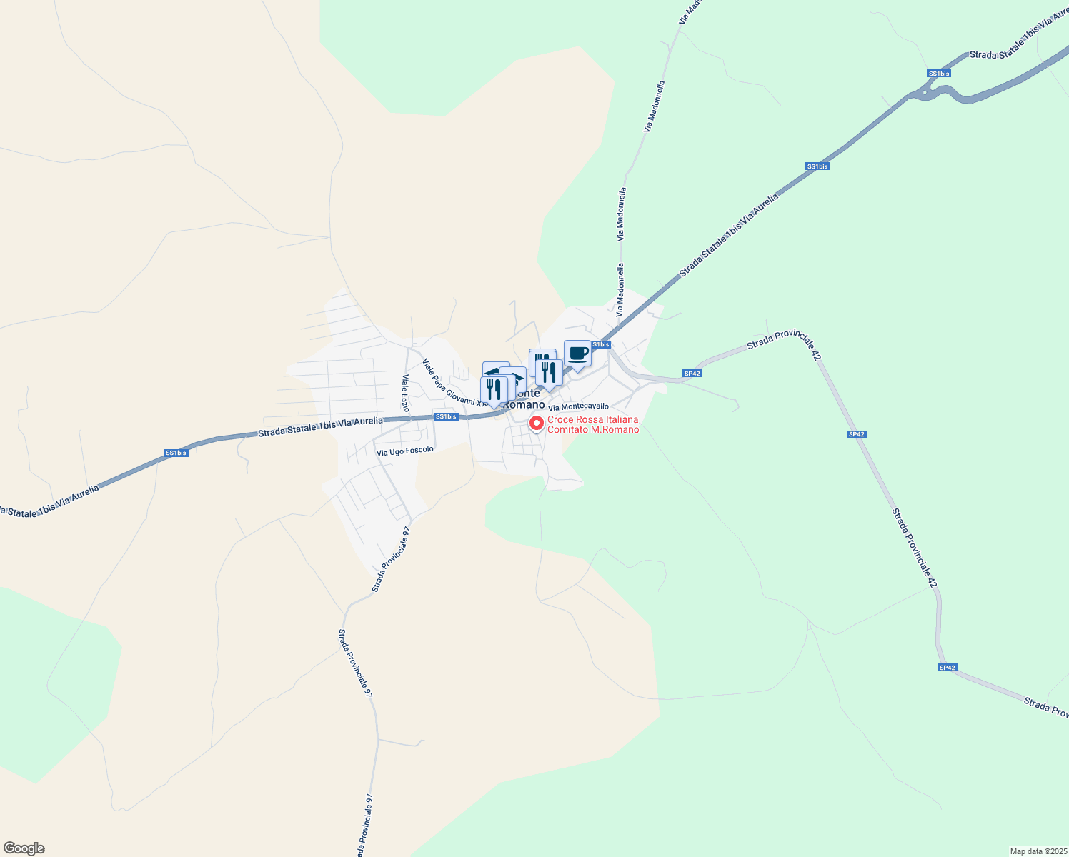 map of restaurants, bars, coffee shops, grocery stores, and more near 21 Via Guglielmo Marconi in Monte Romano