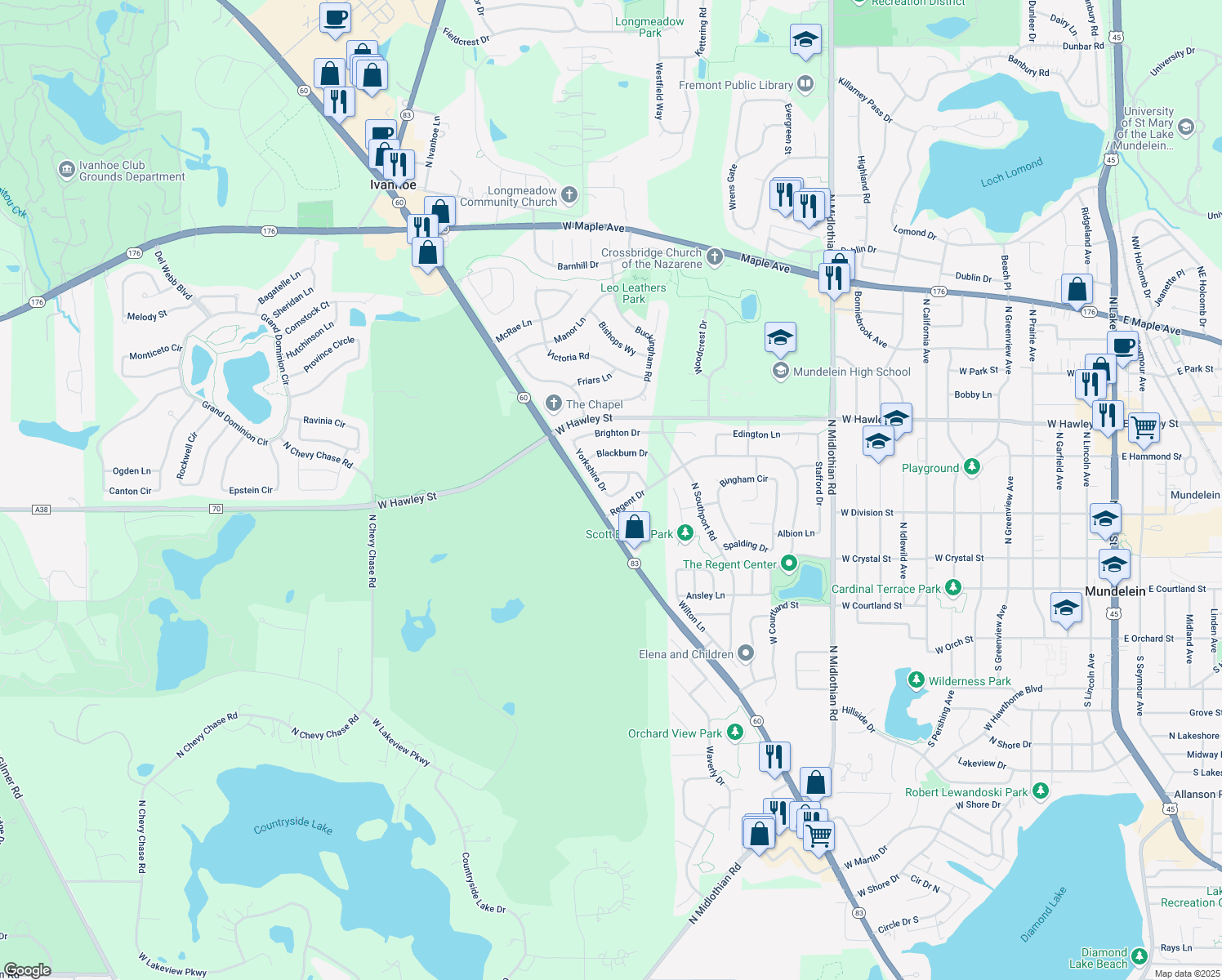map of restaurants, bars, coffee shops, grocery stores, and more near 347 Yorkshire Drive in Mundelein