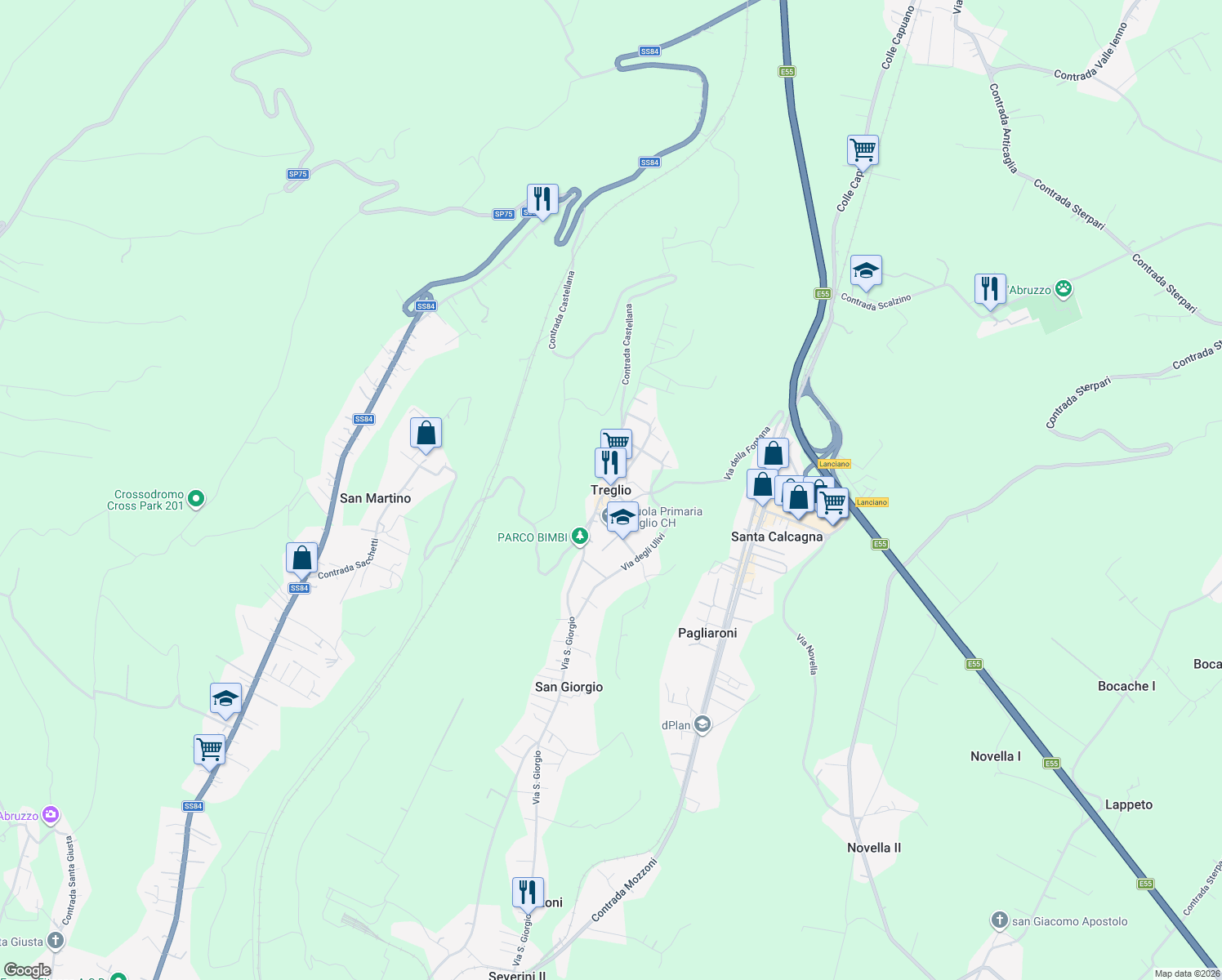 map of restaurants, bars, coffee shops, grocery stores, and more near 2 Piazza S. Giorgio in Treglio