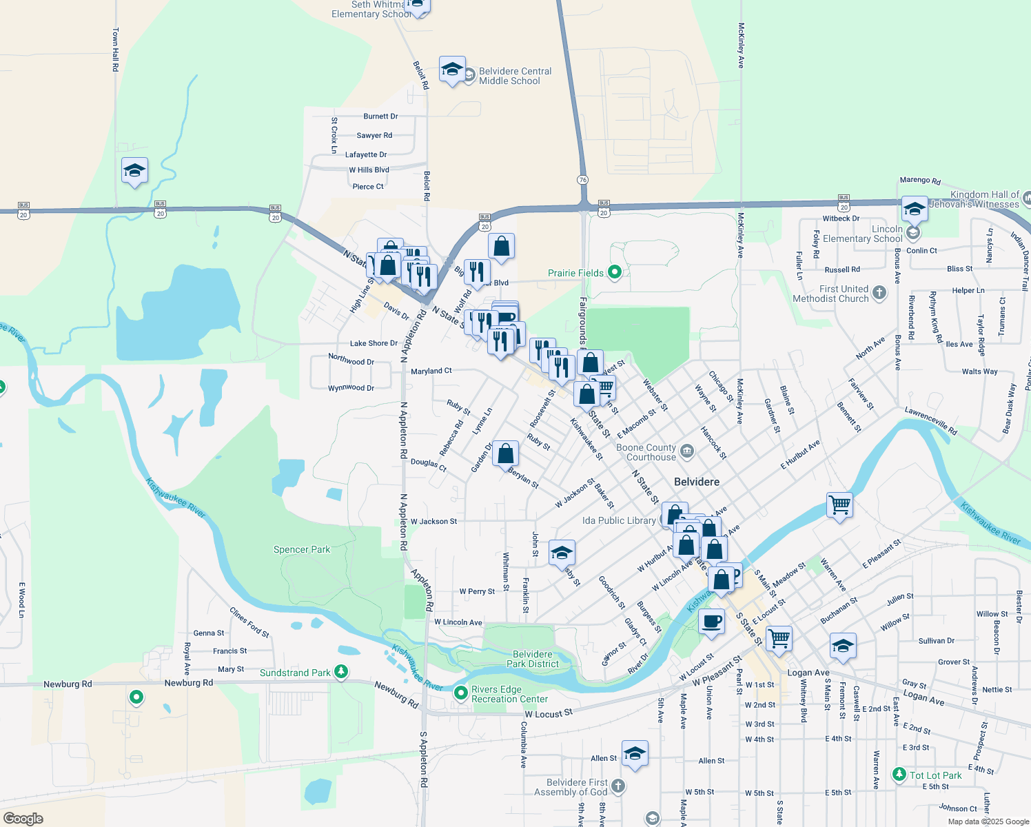map of restaurants, bars, coffee shops, grocery stores, and more near 222 Garden Drive in Belvidere