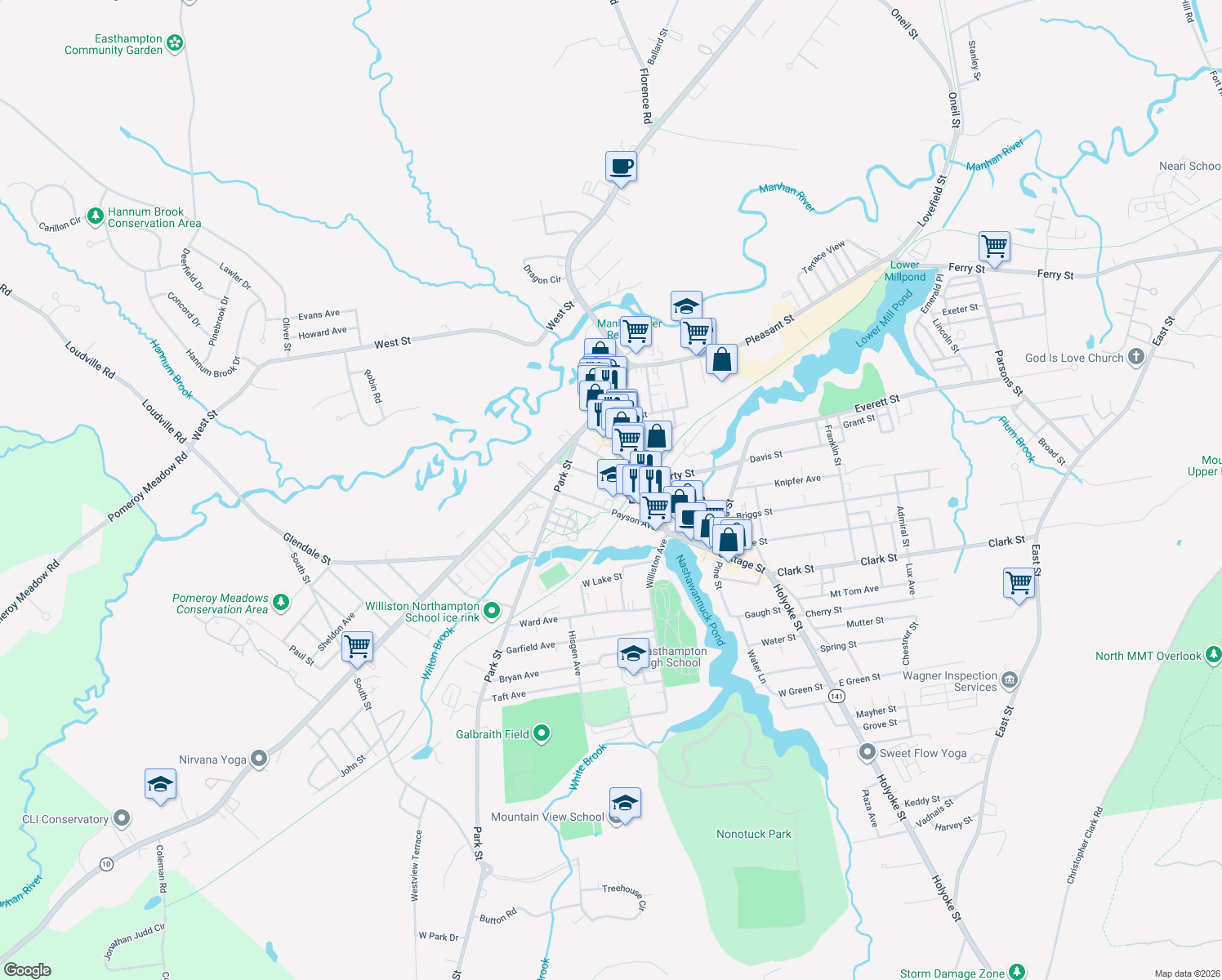 map of restaurants, bars, coffee shops, grocery stores, and more near 30 Center Street in Easthampton