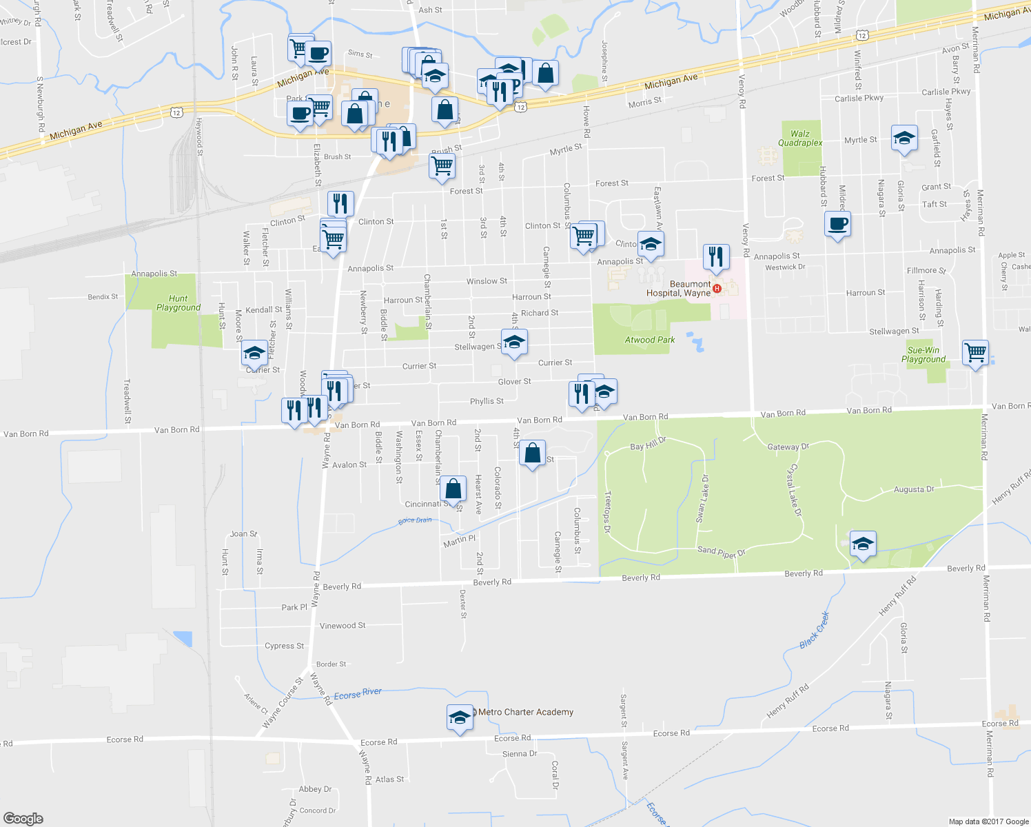 map of restaurants, bars, coffee shops, grocery stores, and more near 34430 Van Born Rd in Wayne