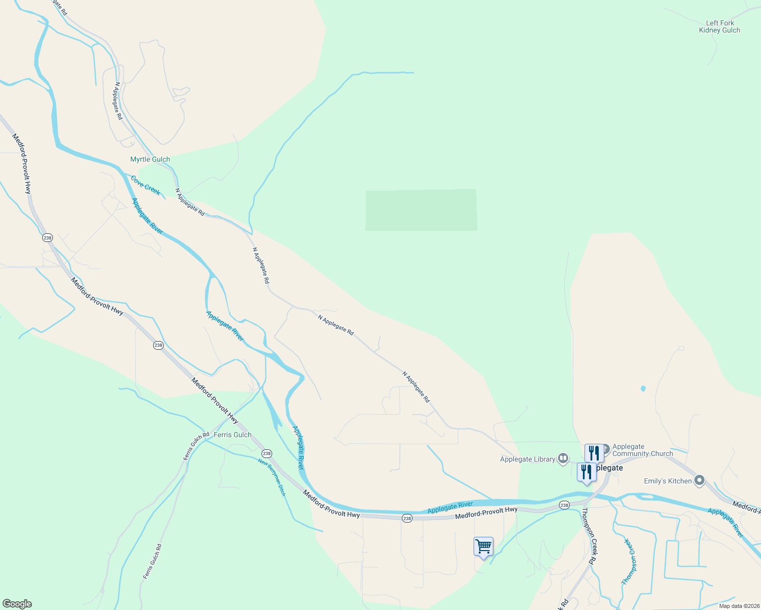 map of restaurants, bars, coffee shops, grocery stores, and more near 17252 North Applegate Road in Grants Pass