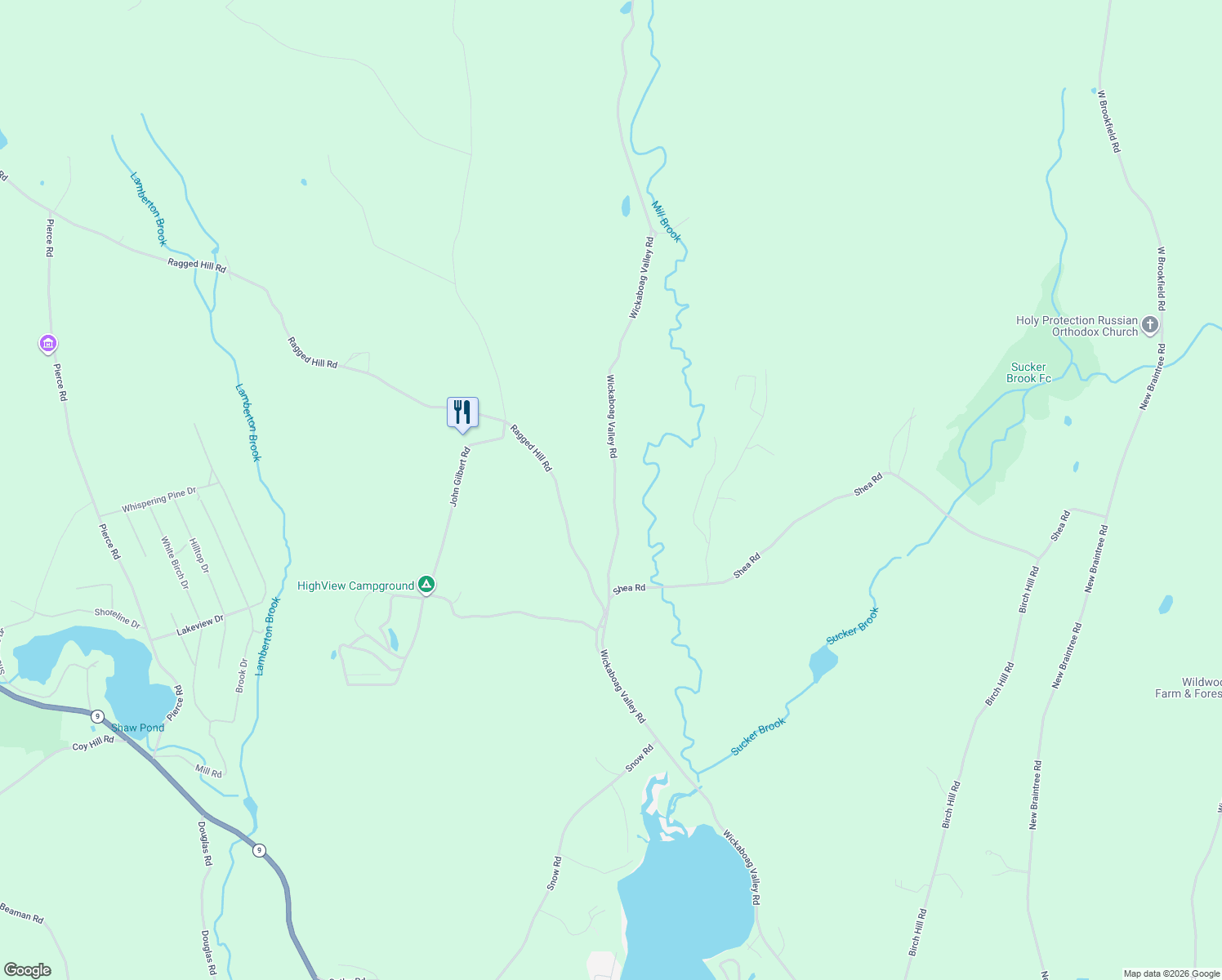 map of restaurants, bars, coffee shops, grocery stores, and more near 234 Wickaboag Valley Road in West Brookfield