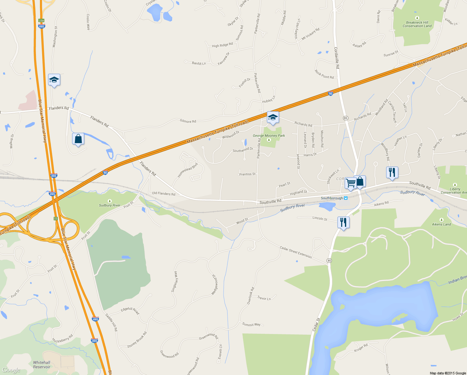 map of restaurants, bars, coffee shops, grocery stores, and more near 153 Southville Rd in Southborough