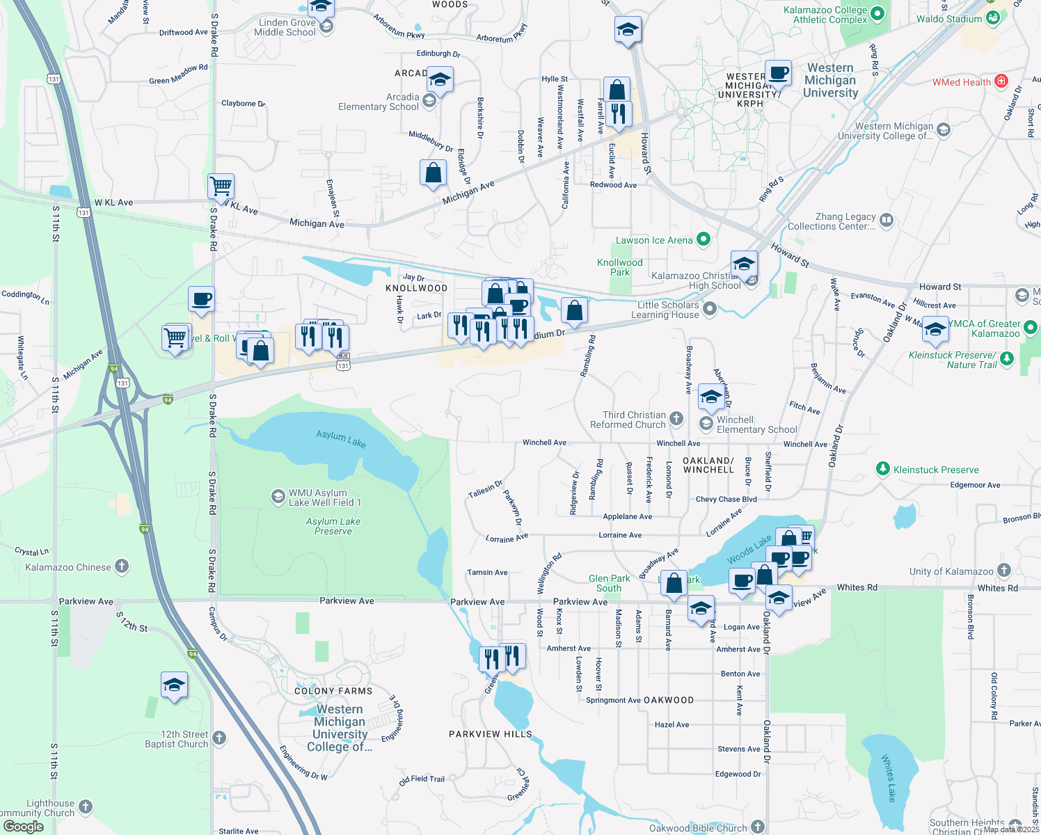 map of restaurants, bars, coffee shops, grocery stores, and more near 3210 Magnolia Circle in Kalamazoo