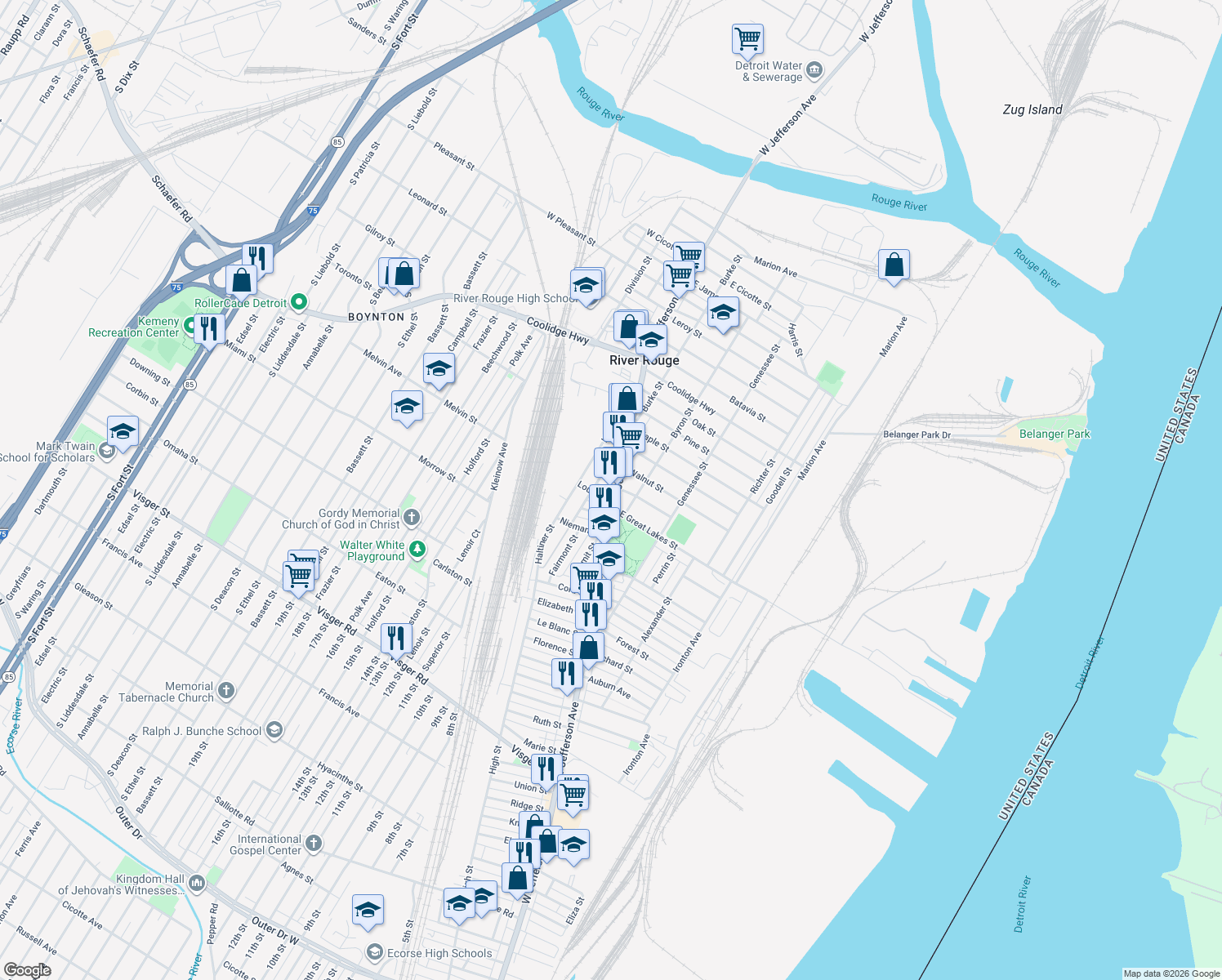 map of restaurants, bars, coffee shops, grocery stores, and more near 10940 West Jefferson Avenue in River Rouge
