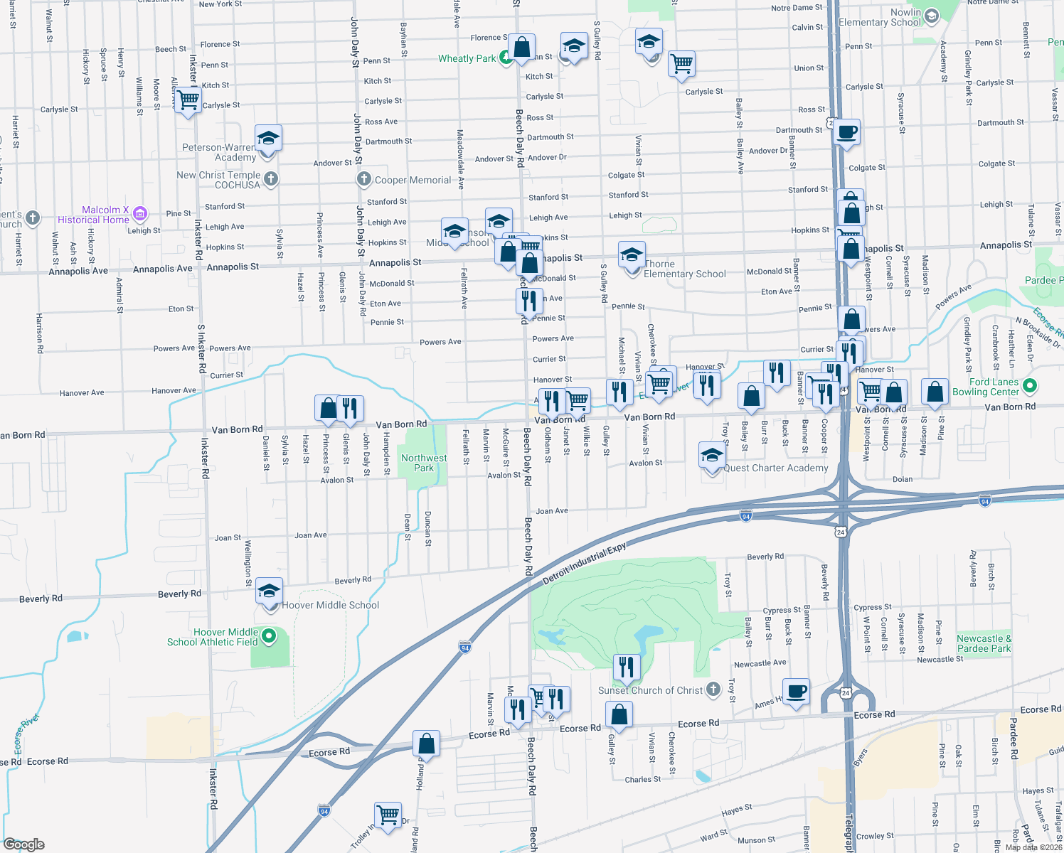 map of restaurants, bars, coffee shops, grocery stores, and more near 25757 Van Born Road in Taylor